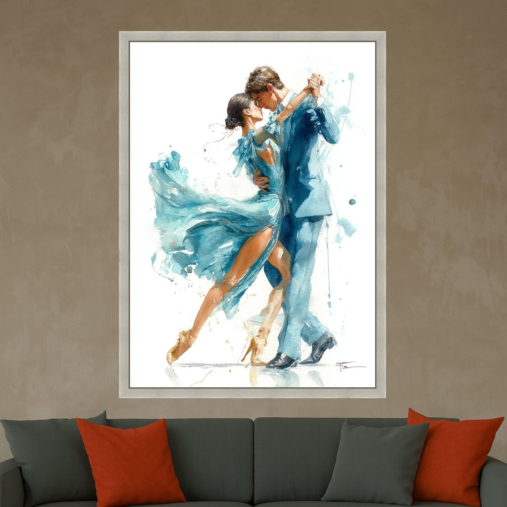 Elegant Dancing Couple Canvas Wall Art, Romantic Ballroom Scene, Watercolor Style Dance Art, Blue Dress and Suit Painting, Ready To Hang,