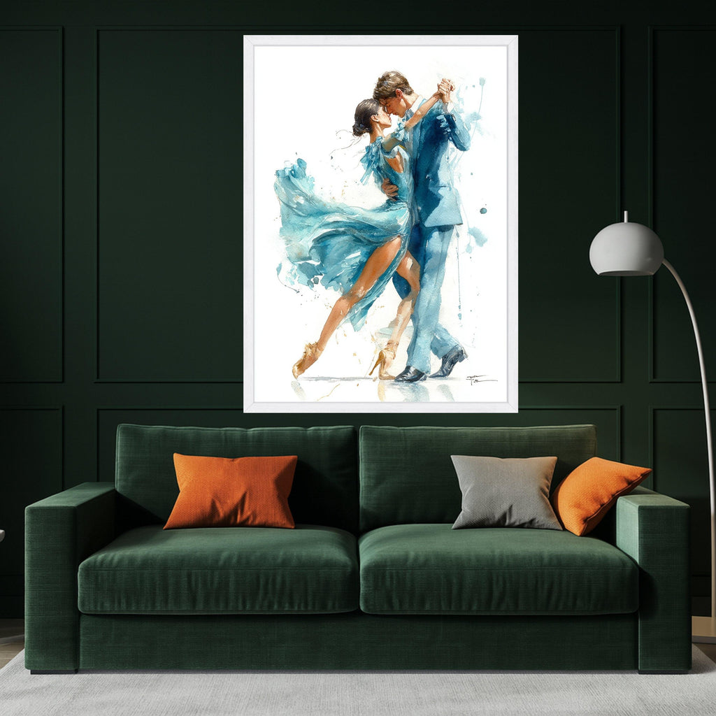 Elegant Dancing Couple Canvas Wall Art, Romantic Ballroom Scene, Watercolor Style Dance Art, Blue Dress and Suit Painting, Ready To Hang,