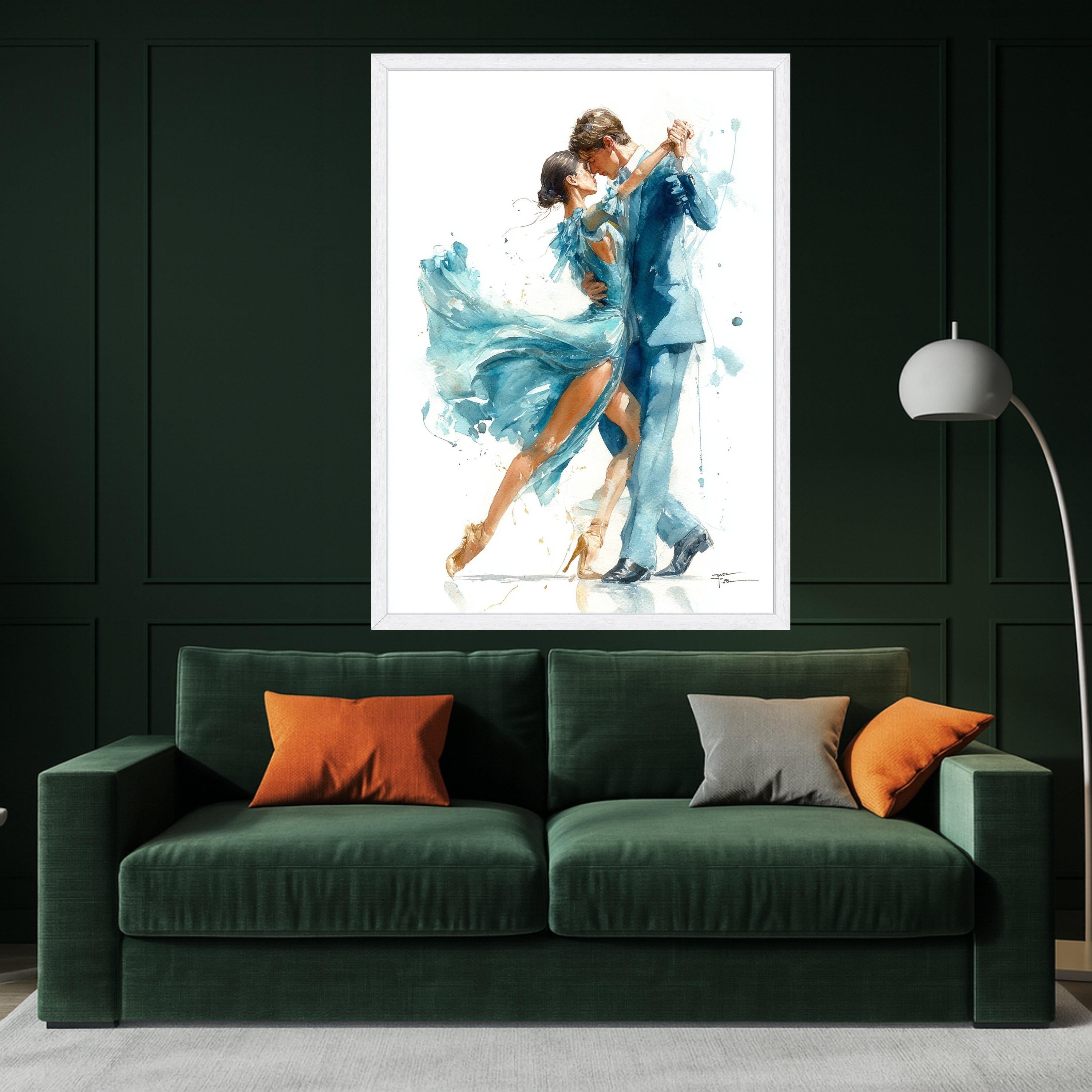 Elegant Dancing Couple Canvas Wall Art, Romantic Ballroom Scene, Watercolor Style Dance Art, Blue Dress and Suit Painting, Ready To Hang,