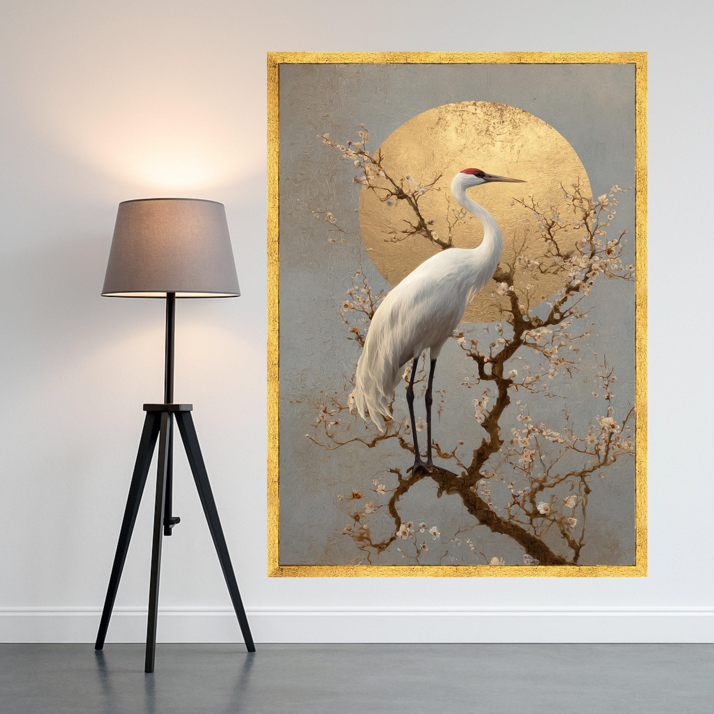 Elegant Crane with Blossoming Branches Canvas, Gold Sun Wall Art, Asian Inspired Nature Scene, Tranquil Bird Decor, Ready to Hang Canvas