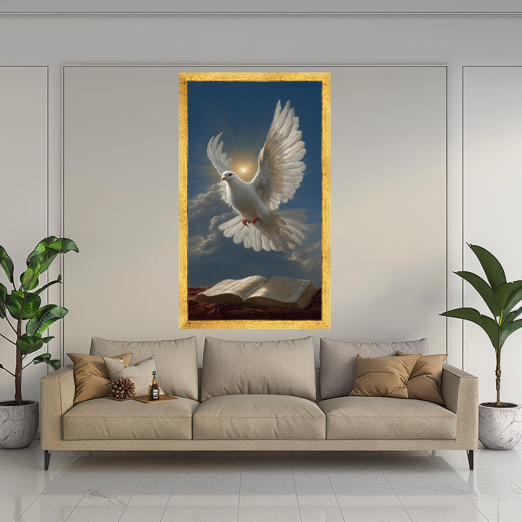 White Dove Flying Over Open Bible Canvas, Spiritual Wall Art, Religious Home Decor, Peaceful Faith Canvas, Inspirational Christian Artwork