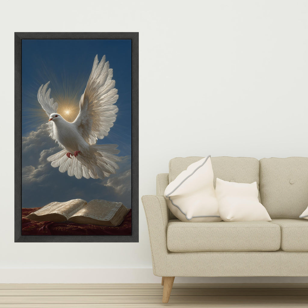 White Dove Flying Over Open Bible Canvas, Spiritual Wall Art, Religious Home Decor, Peaceful Faith Canvas, Inspirational Christian Artwork