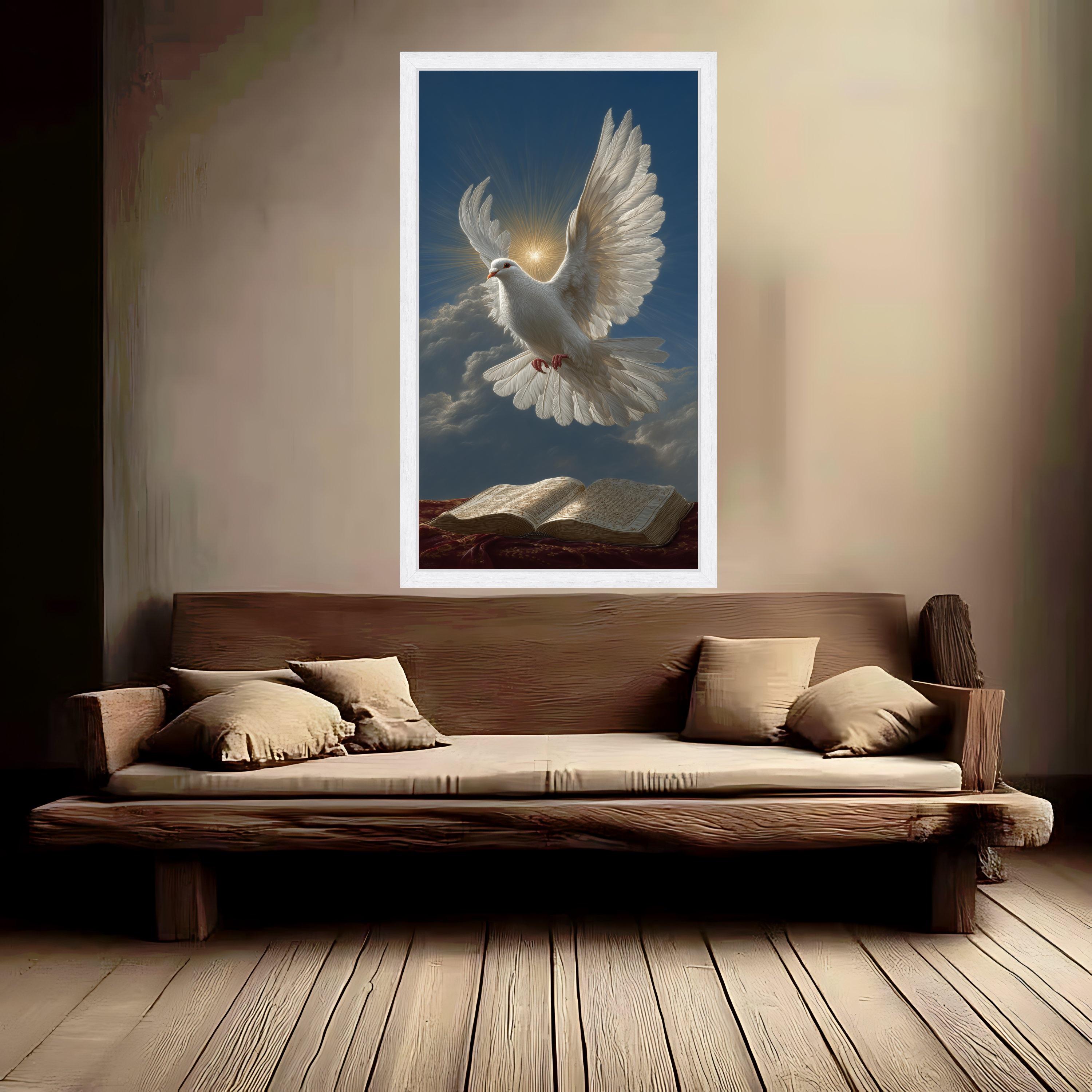 White Dove Flying Over Open Bible Canvas, Spiritual Wall Art, Religious Home Decor, Peaceful Faith Canvas, Inspirational Christian Artwork