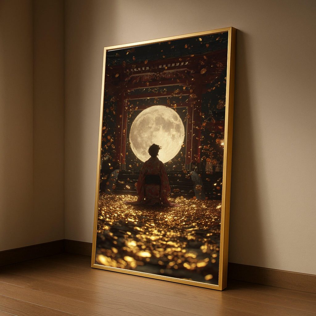 Large Framed Kimono Figure, Moon Canvas Art, Golden Coins Print, Japanese Temple Wall Art, Mystical Night Decoration Ready To Hang,