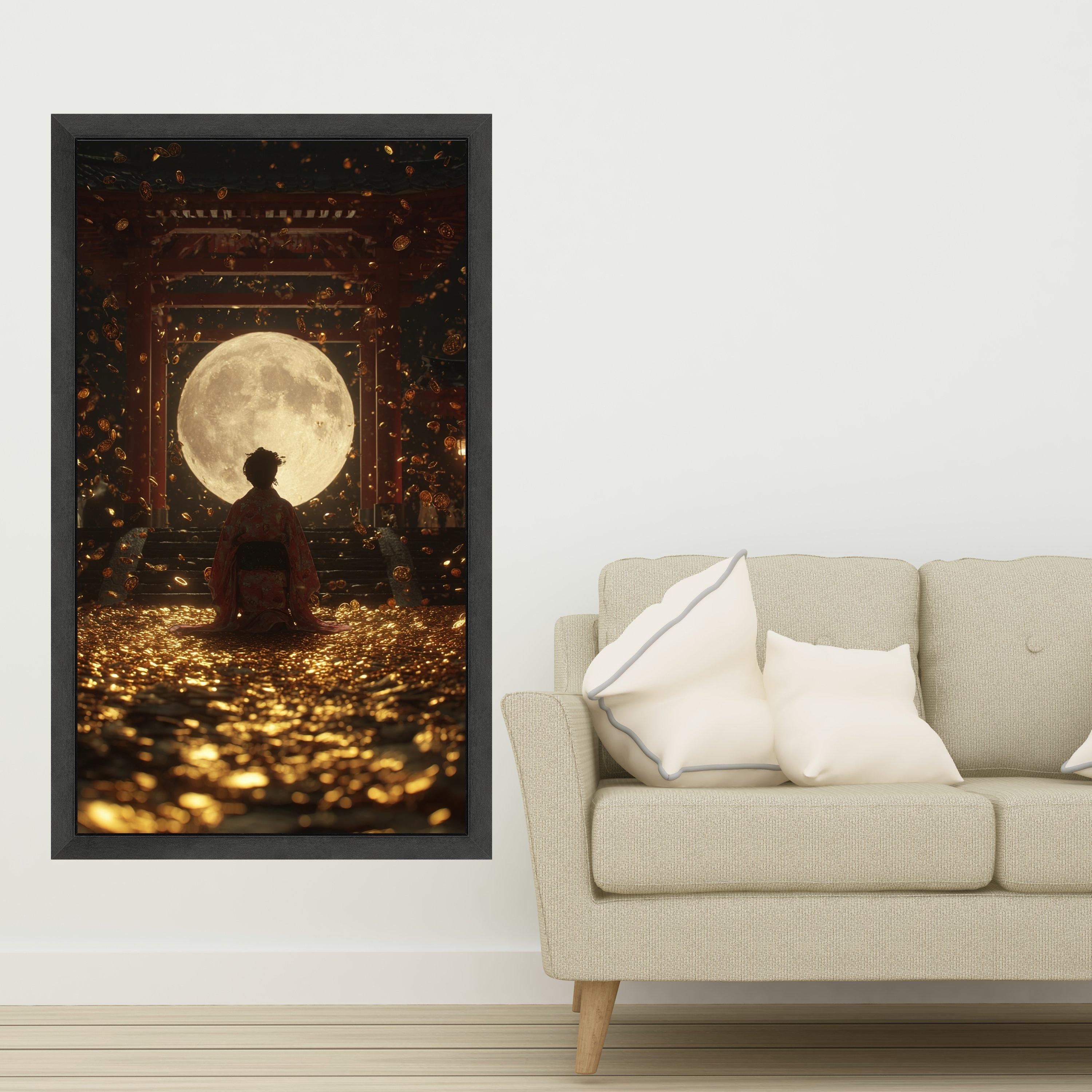 Large Framed Kimono Figure, Moon Canvas Art, Golden Coins Print, Japanese Temple Wall Art, Mystical Night Decoration Ready To Hang,