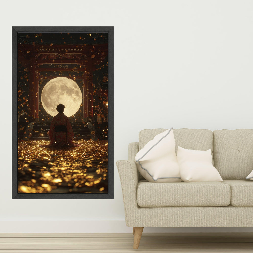 Large Framed Kimono Figure, Moon Canvas Art, Golden Coins Print, Japanese Temple Wall Art, Mystical Night Decoration Ready To Hang,