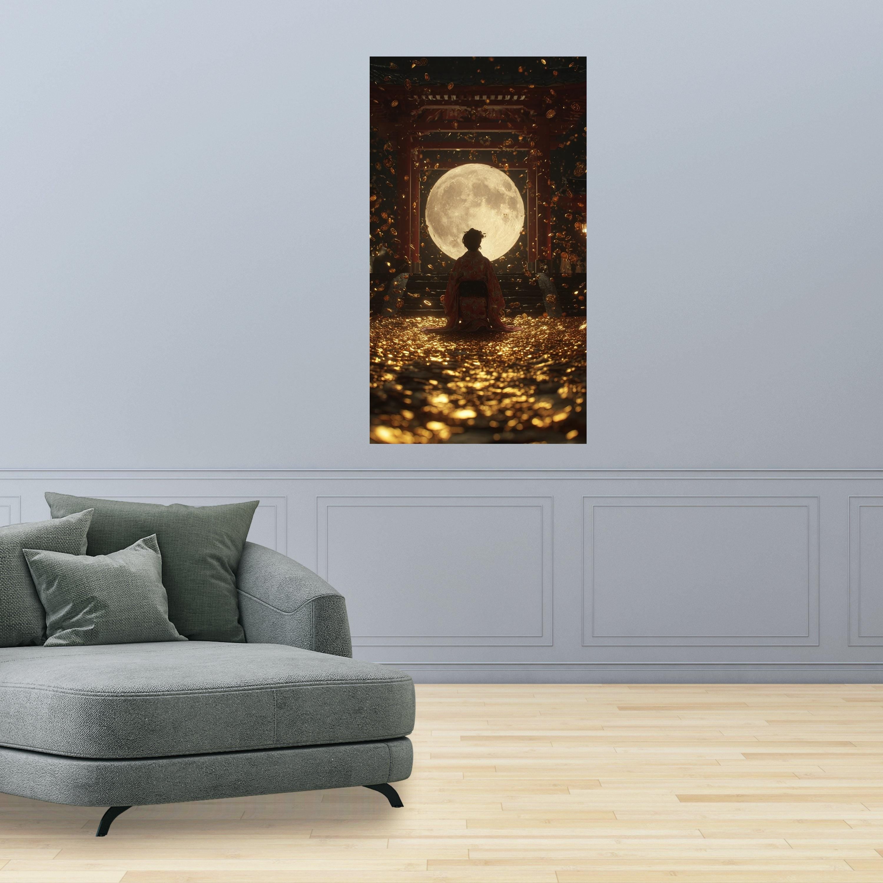 Large Framed Kimono Figure, Moon Canvas Art, Golden Coins Print, Japanese Temple Wall Art, Mystical Night Decoration Ready To Hang,