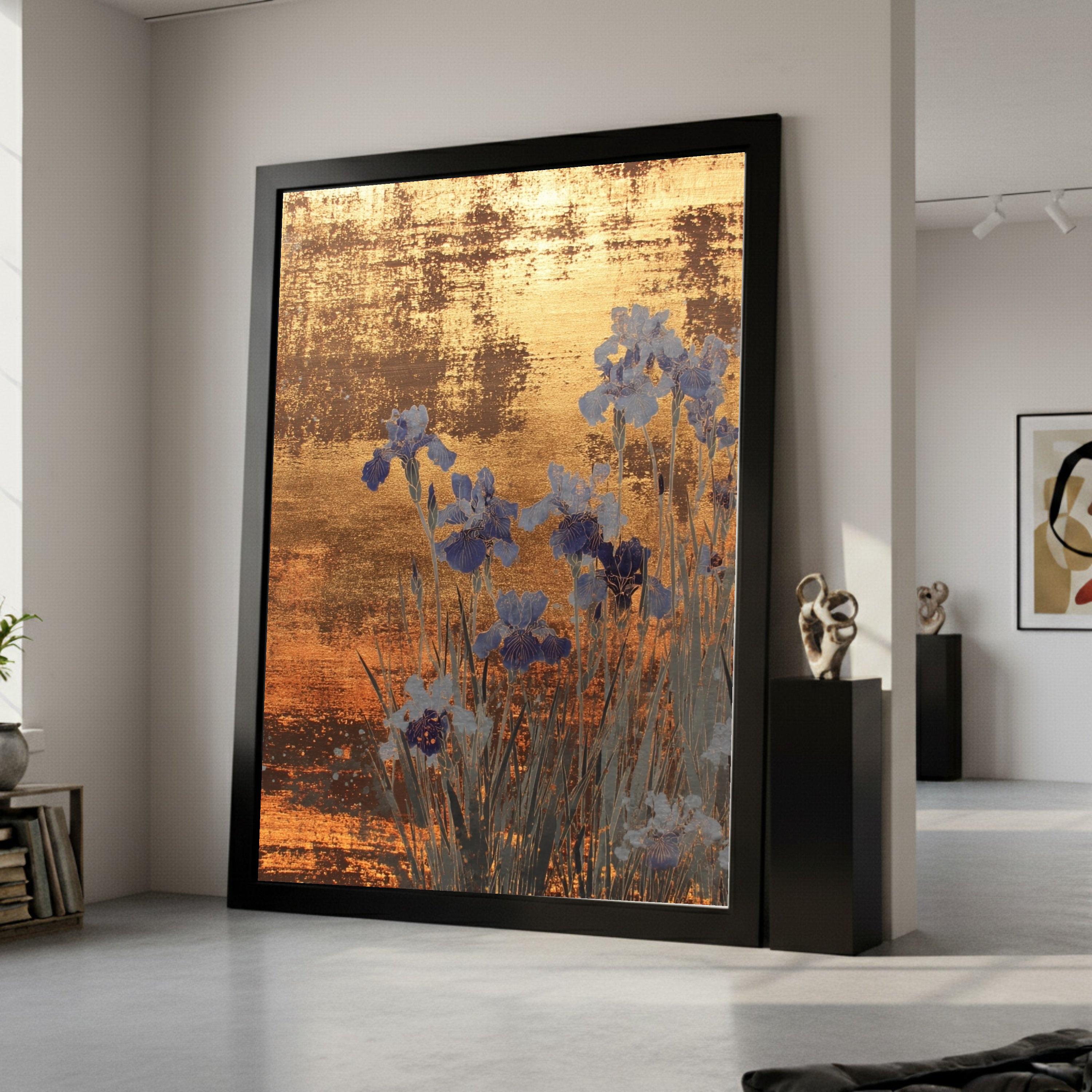 Large Framed Gold Canvas, Blue Iris Art, Elegant Floral Print, Modern Wall Decoration Ready To Hang,
