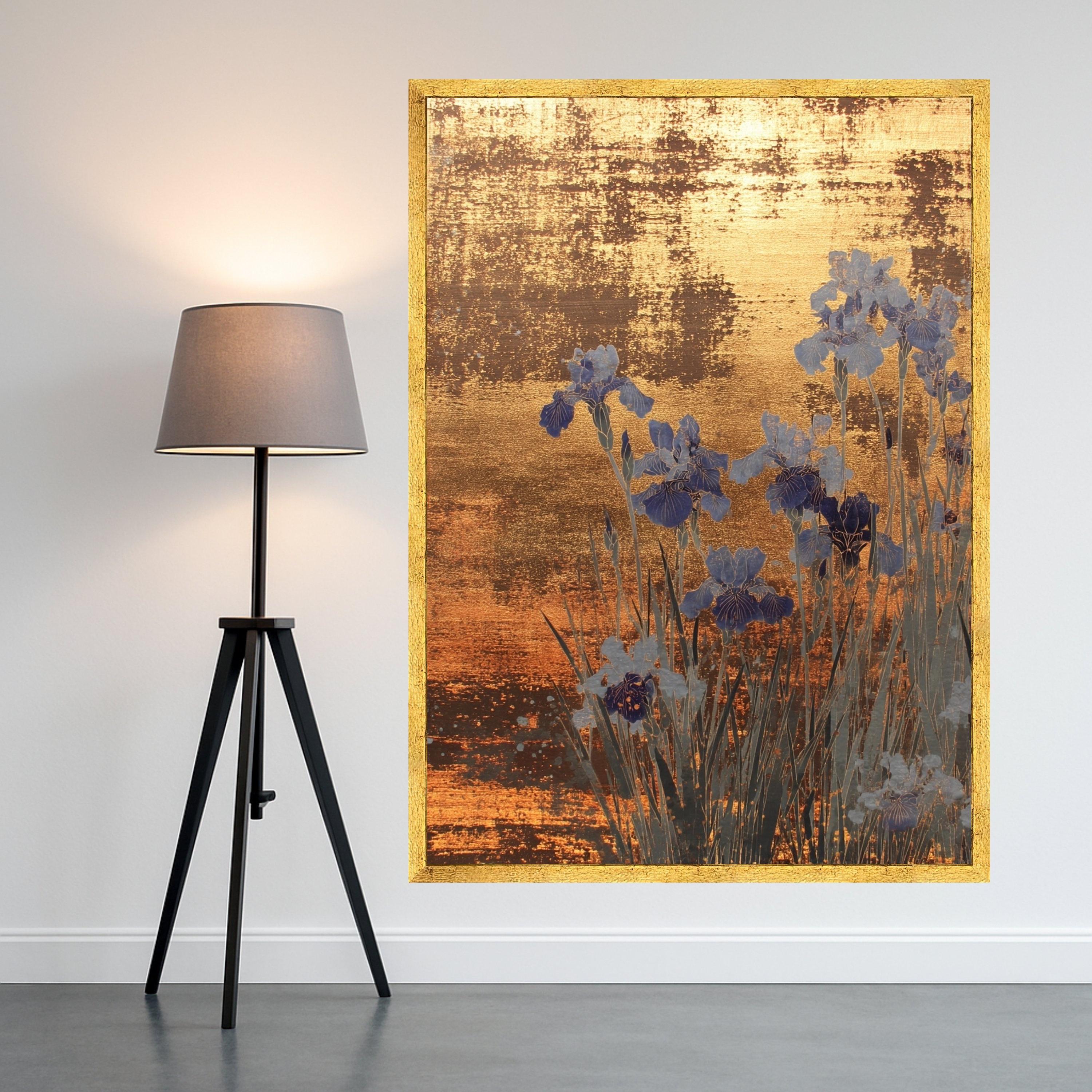 Large Framed Gold Canvas, Blue Iris Art, Elegant Floral Print, Modern Wall Decoration Ready To Hang,