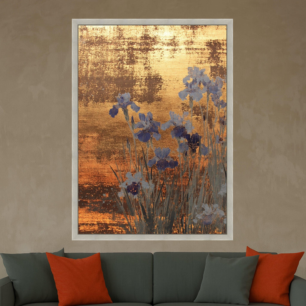 Large Framed Gold Canvas, Blue Iris Art, Elegant Floral Print, Modern Wall Decoration Ready To Hang,