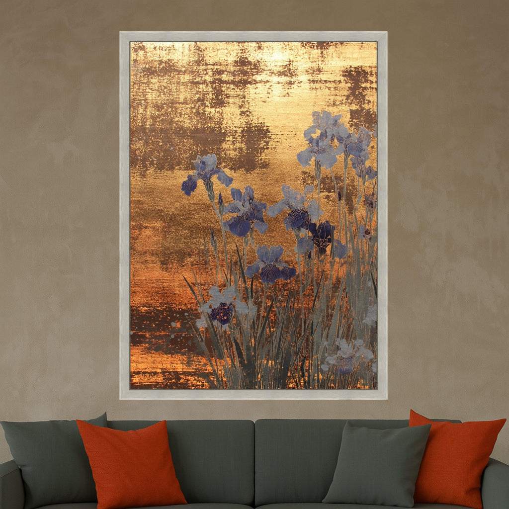 Large Framed Gold Canvas, Blue Iris Art, Elegant Floral Print, Modern Wall Decoration Ready To Hang,