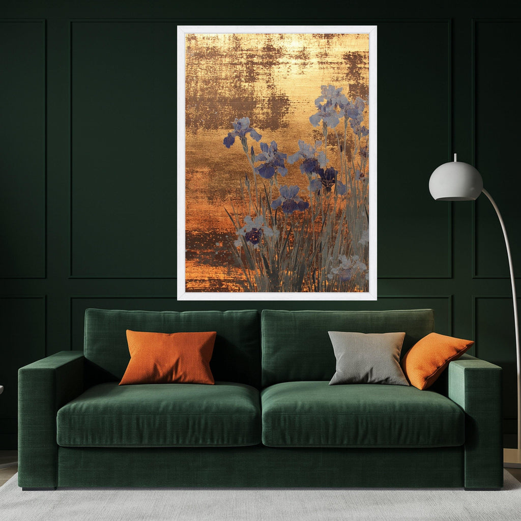 Large Framed Gold Canvas, Blue Iris Art, Elegant Floral Print, Modern Wall Decoration Ready To Hang,