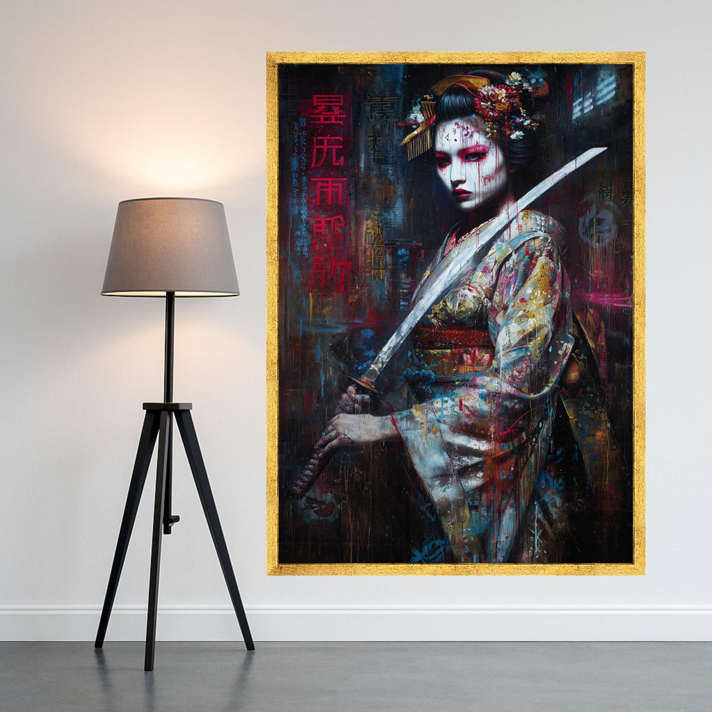 Fierce Geisha Warrior, Large Framed Canvas, Japanese Sword Art, Dramatic Wall Print Ready To Hang,