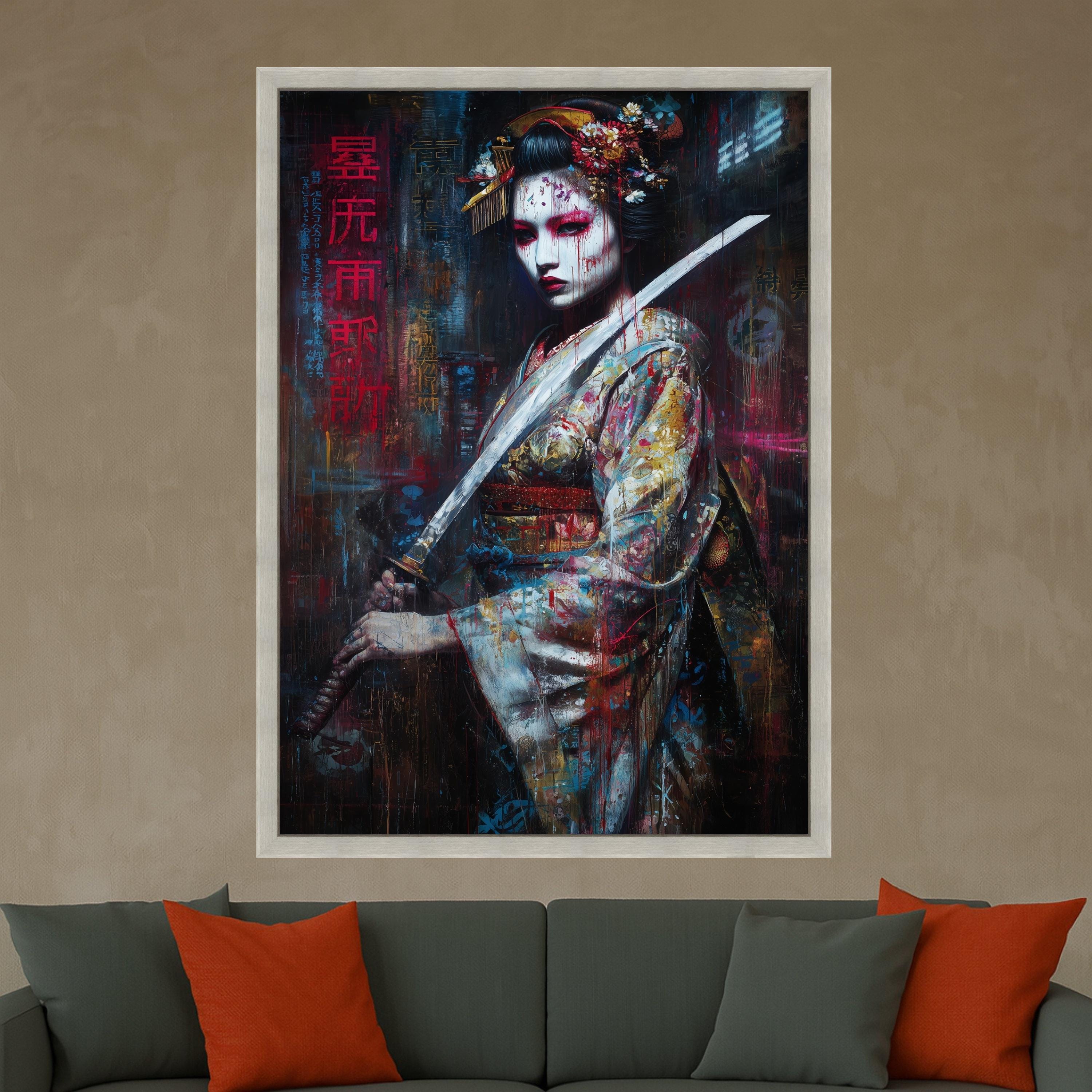 Fierce Geisha Warrior, Large Framed Canvas, Japanese Sword Art, Dramatic Wall Print Ready To Hang,