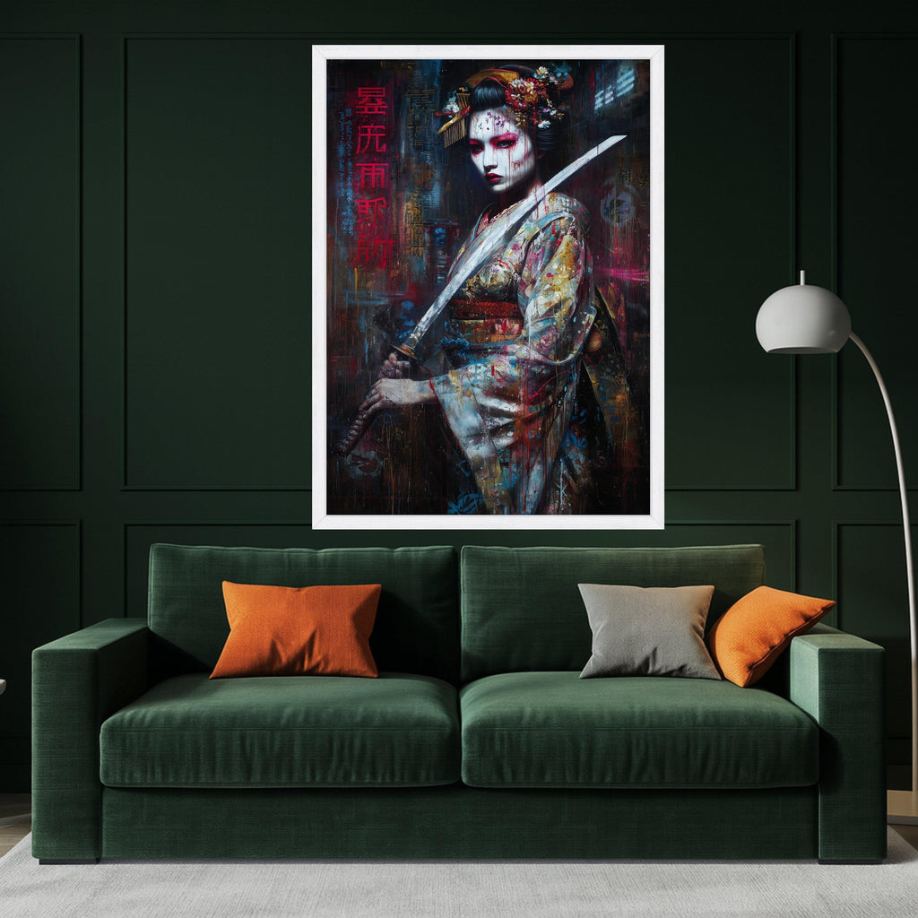 Fierce Geisha Warrior, Large Framed Canvas, Japanese Sword Art, Dramatic Wall Print Ready To Hang,