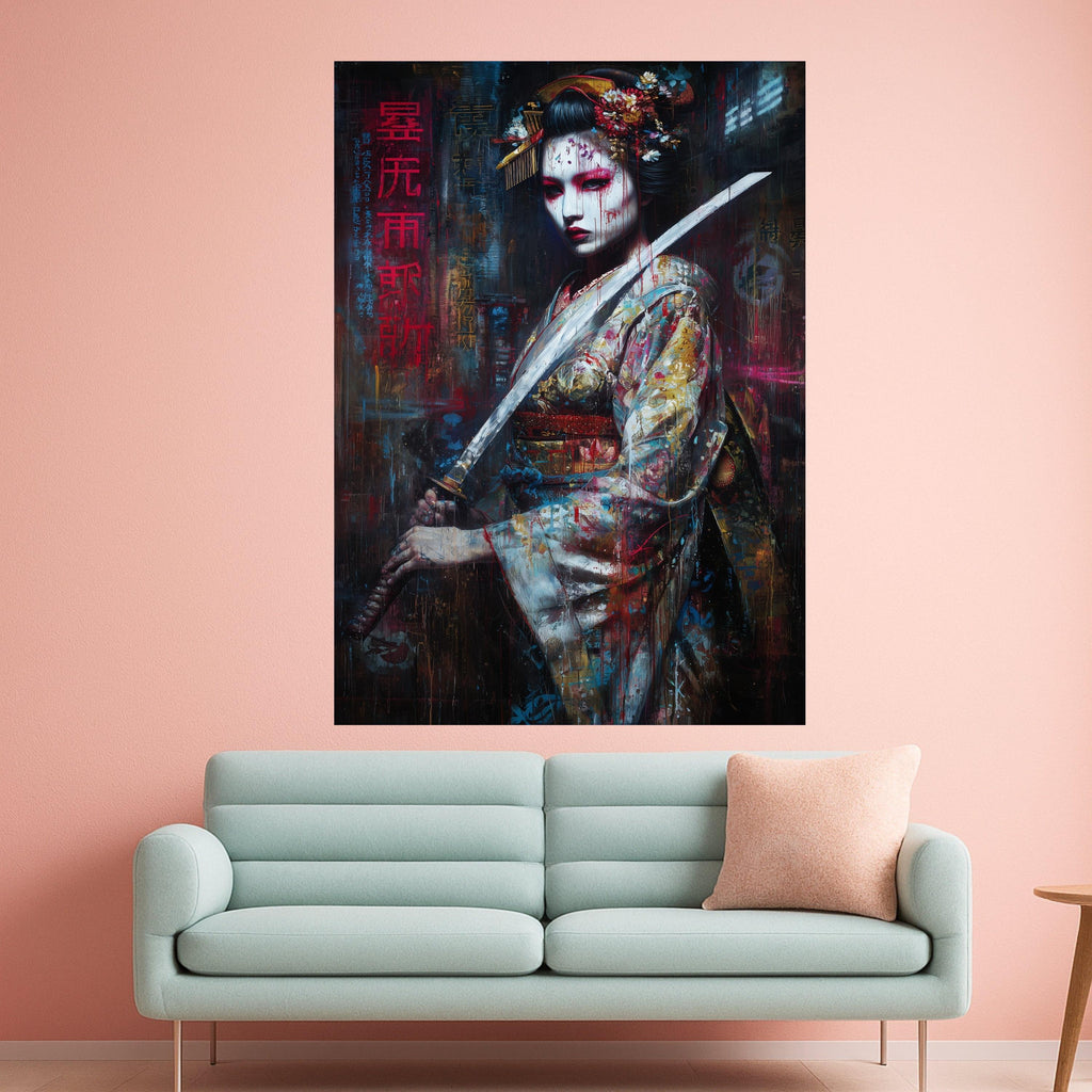 Fierce Geisha Warrior, Large Framed Canvas, Japanese Sword Art, Dramatic Wall Print Ready To Hang,