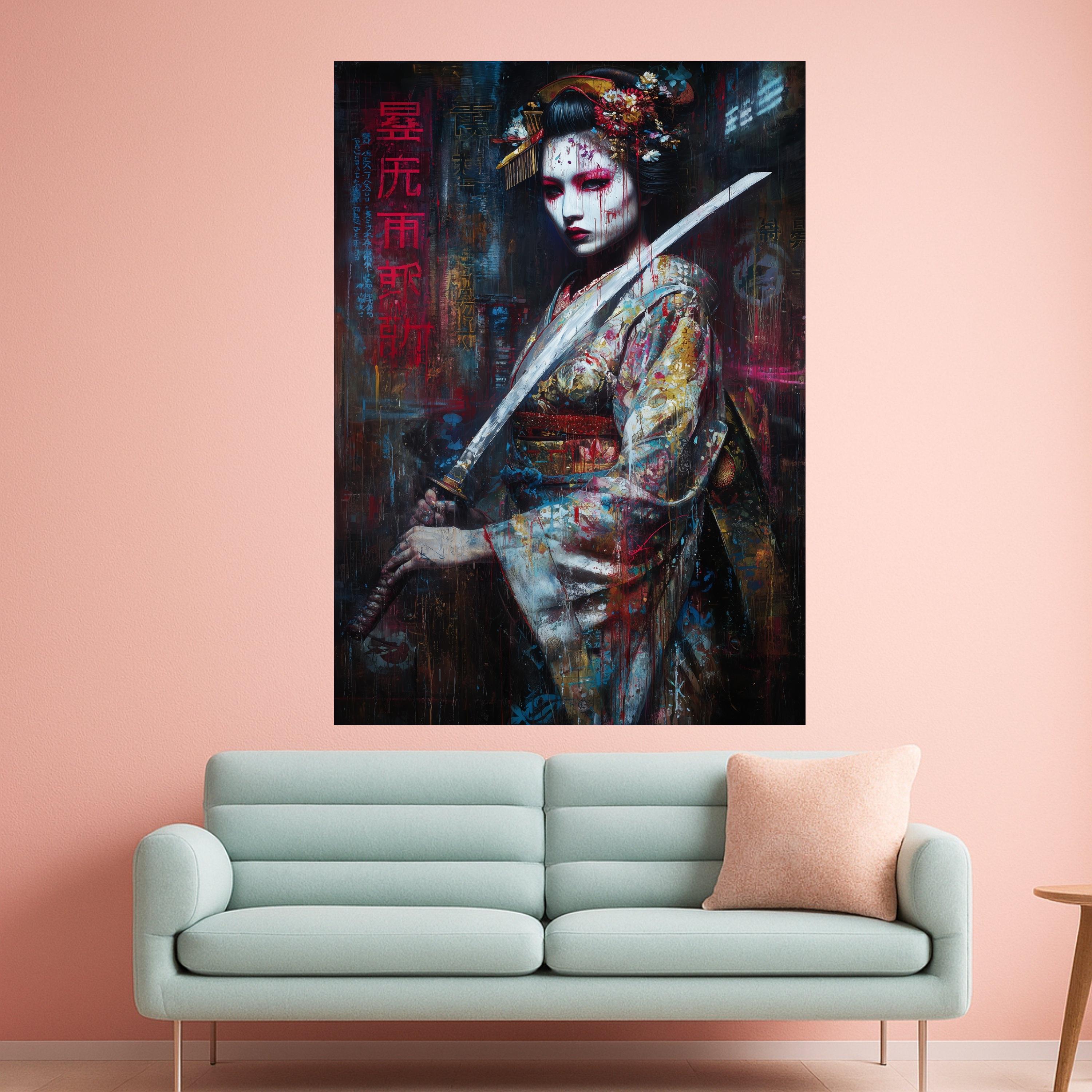 Fierce Geisha Warrior, Large Framed Canvas, Japanese Sword Art, Dramatic Wall Print Ready To Hang,