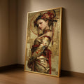 Elegant Asian Woman Portrait, Gold Floral Kimono, Framed Canvas Wall Art, Large Print Home Decor, Artistic Modern Painting Ready To Hang,