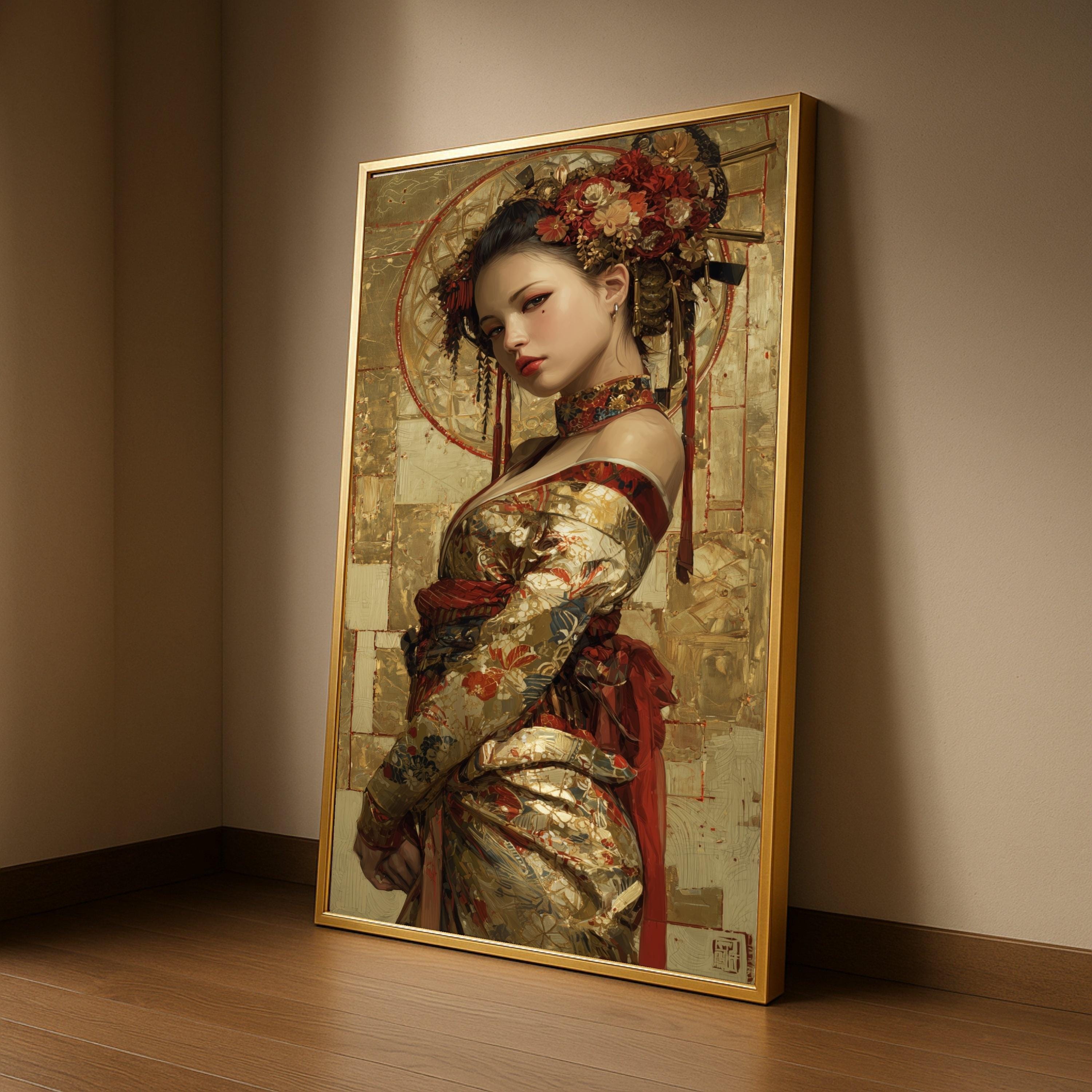 Elegant Asian Woman Portrait, Gold Floral Kimono, Framed Canvas Wall Art, Large Print Home Decor, Artistic Modern Painting Ready To Hang,