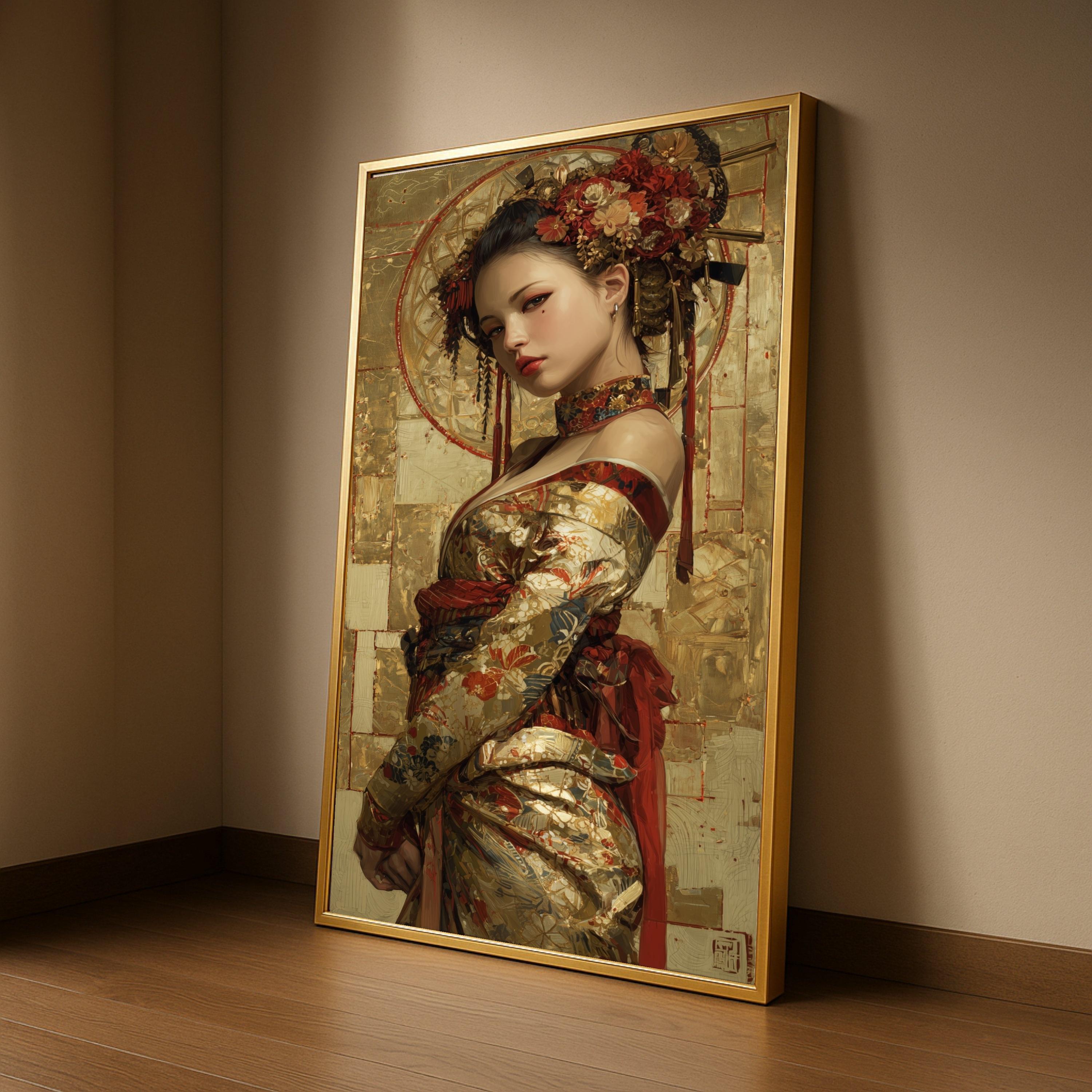 Elegant Asian Woman Portrait, Gold Floral Kimono, Framed Canvas Wall Art, Large Print Home Decor, Artistic Modern Painting Ready To Hang,
