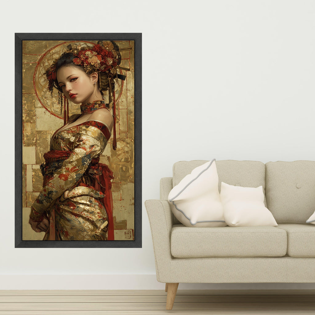 Elegant Asian Woman Portrait, Gold Floral Kimono, Framed Canvas Wall Art, Large Print Home Decor, Artistic Modern Painting Ready To Hang,