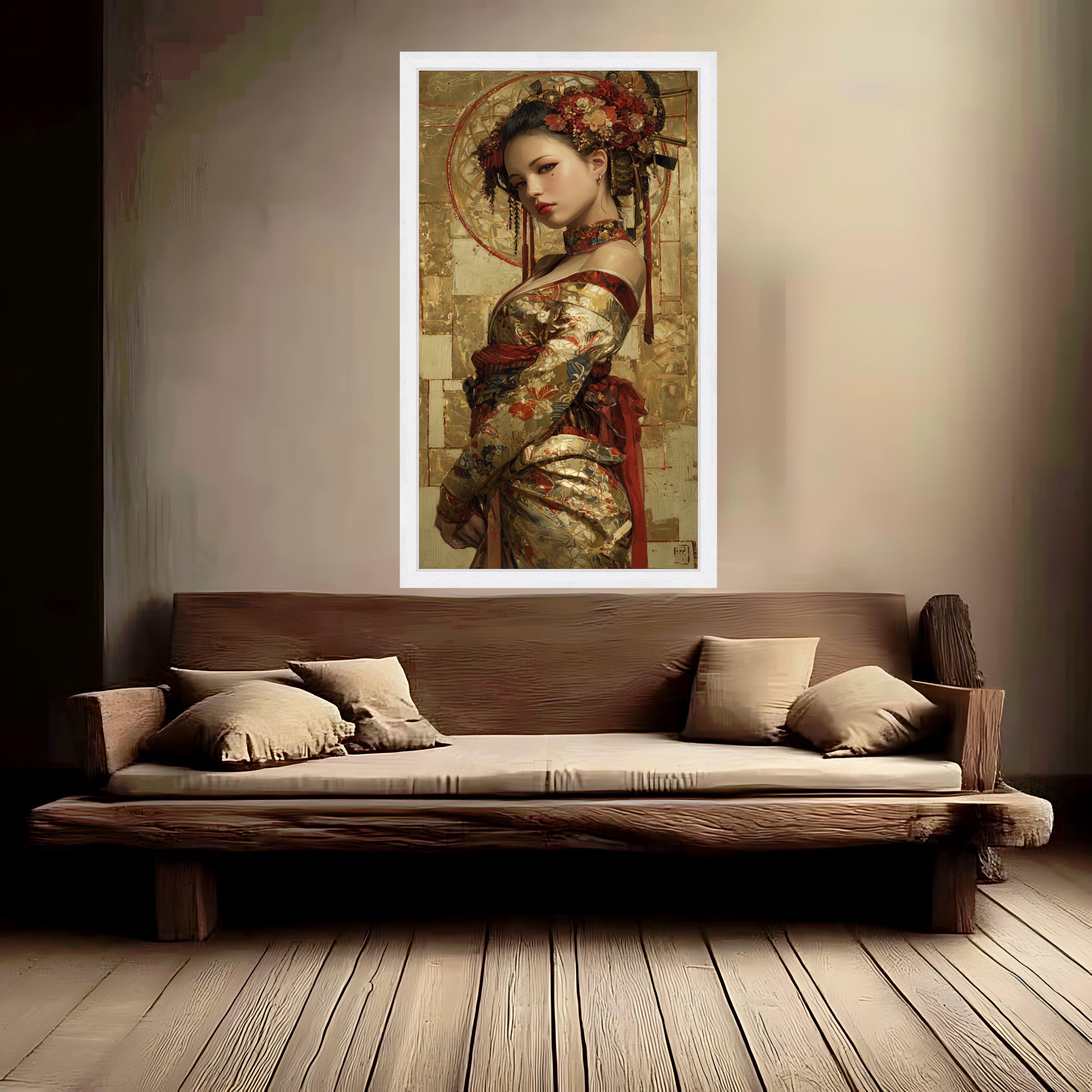 Elegant Asian Woman Portrait, Gold Floral Kimono, Framed Canvas Wall Art, Large Print Home Decor, Artistic Modern Painting Ready To Hang,