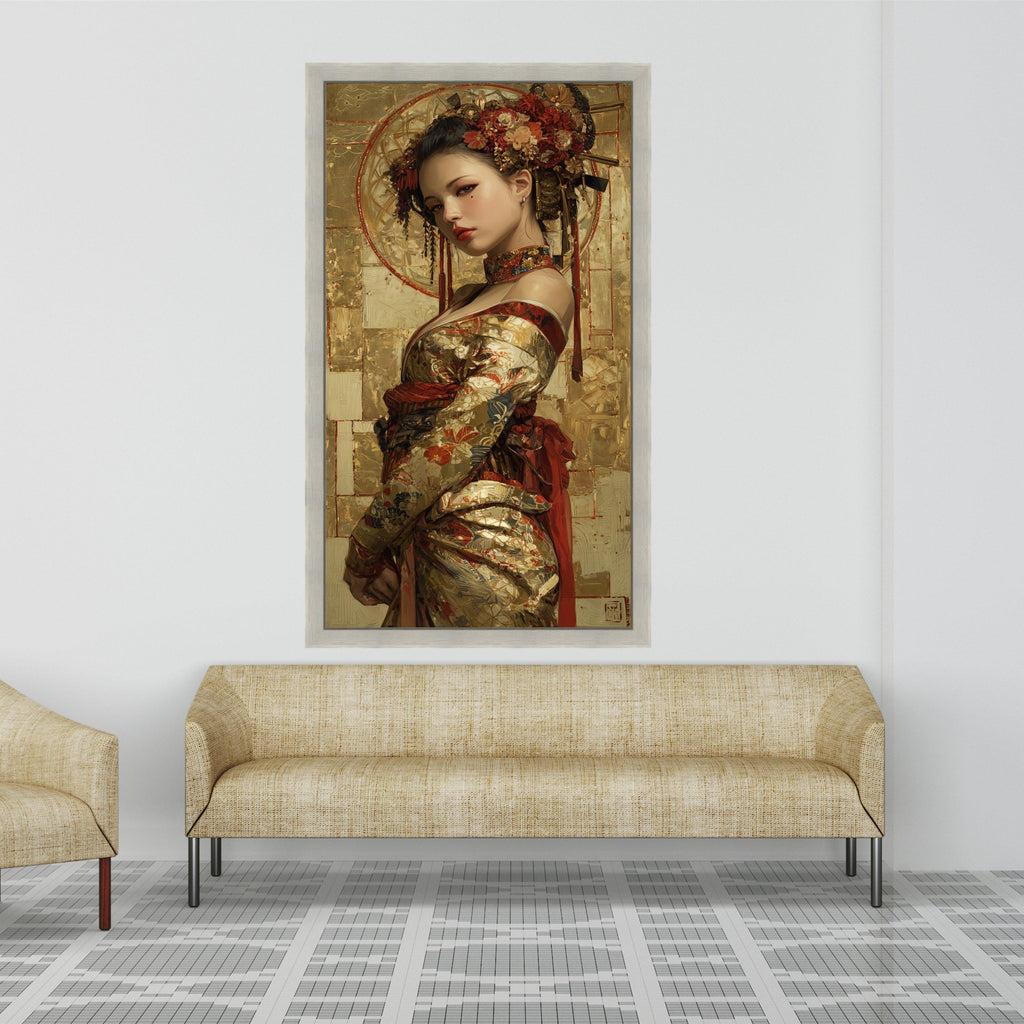 Elegant Asian Woman Portrait, Gold Floral Kimono, Framed Canvas Wall Art, Large Print Home Decor, Artistic Modern Painting Ready To Hang,