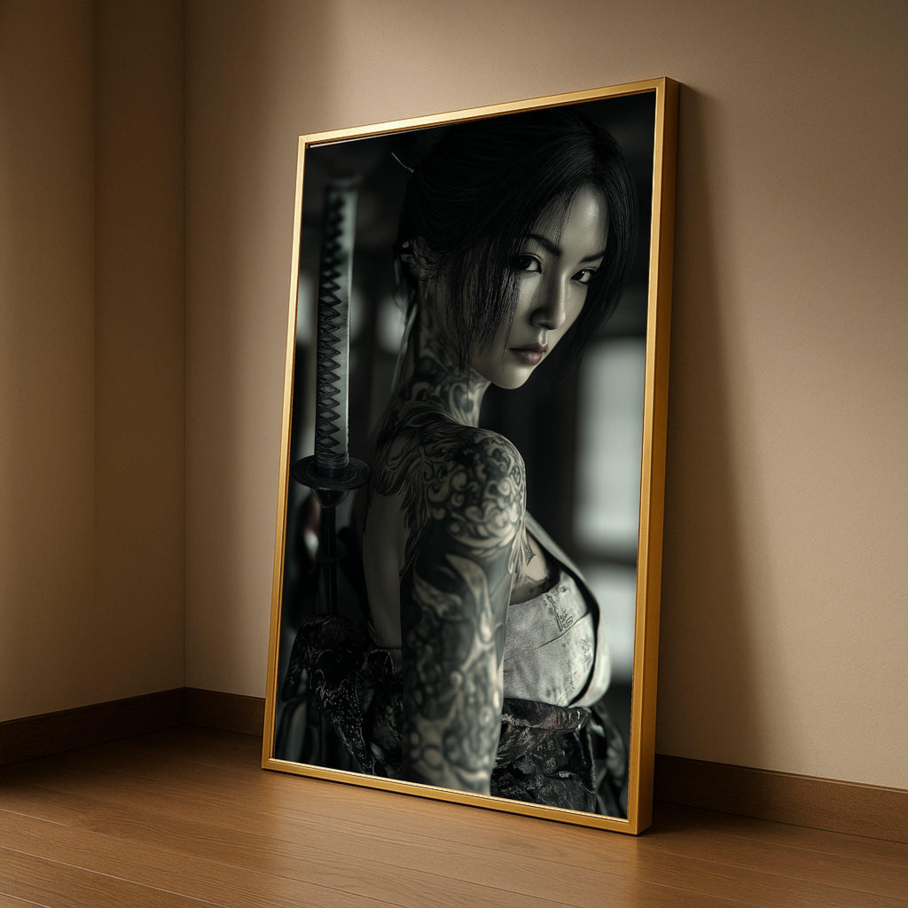 Large Framed Japanese Tattoo, Samurai Sword Canvas, Dark Portrait Art, Asian Woman Print, Modern Wall Decoration Ready To Hang,