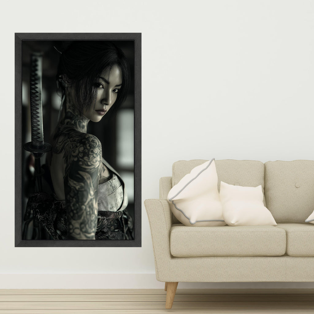 Large Framed Japanese Tattoo, Samurai Sword Canvas, Dark Portrait Art, Asian Woman Print, Modern Wall Decoration Ready To Hang,