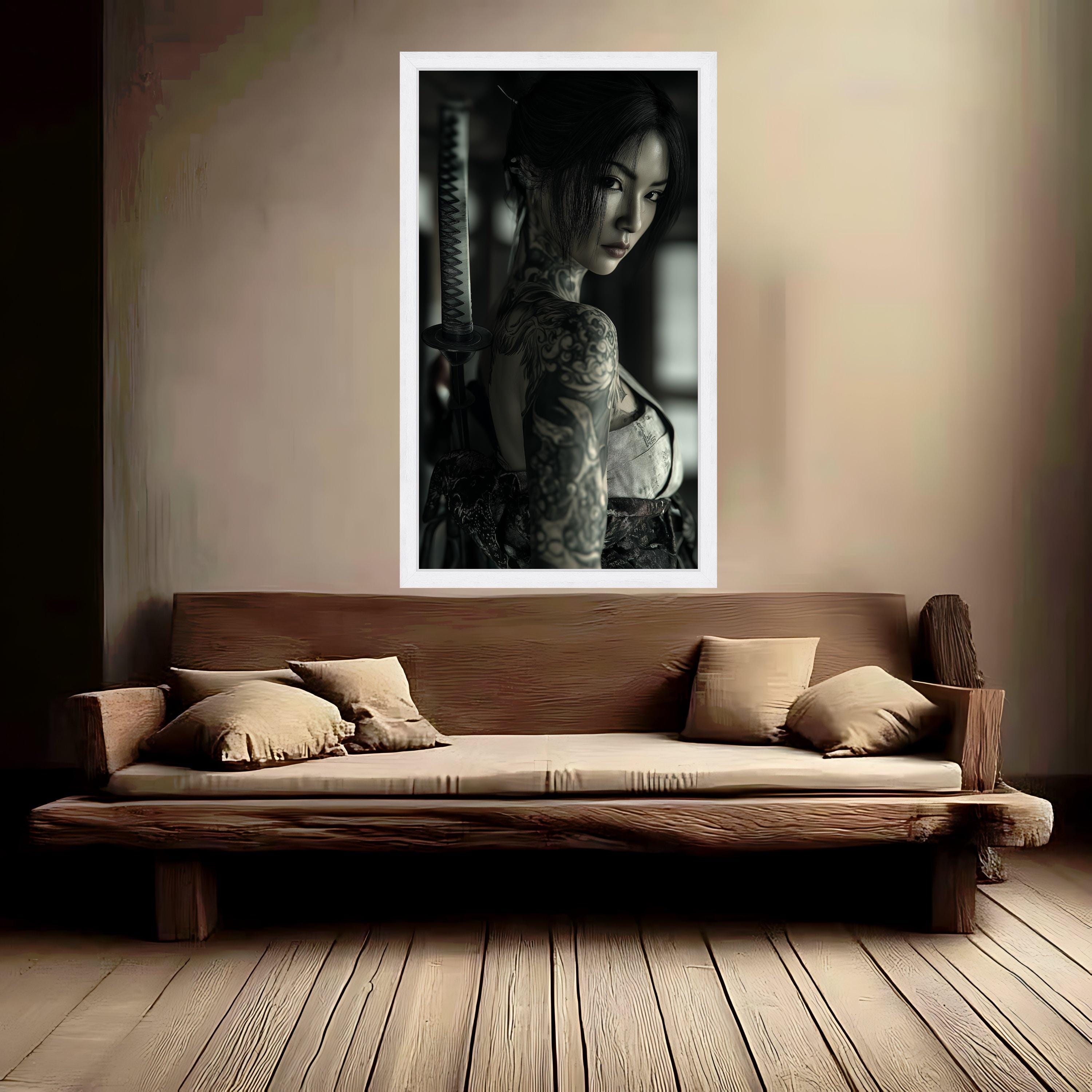 Large Framed Japanese Tattoo, Samurai Sword Canvas, Dark Portrait Art, Asian Woman Print, Modern Wall Decoration Ready To Hang,