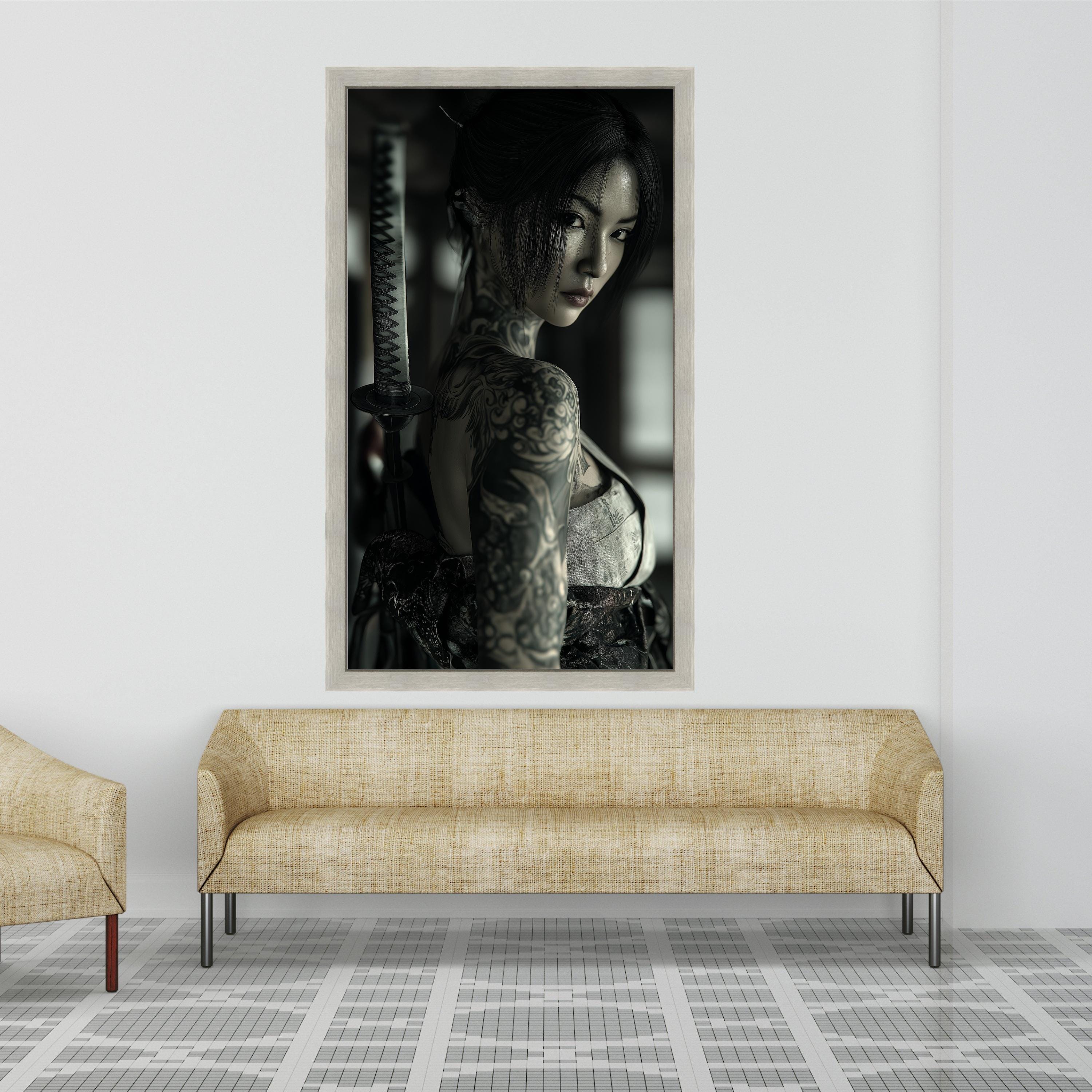 Large Framed Japanese Tattoo, Samurai Sword Canvas, Dark Portrait Art, Asian Woman Print, Modern Wall Decoration Ready To Hang,