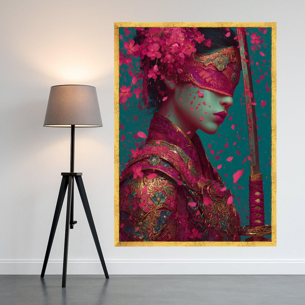 Ornate Samurai Woman Canvas, Floral Armor Art, Pink Petal Print, Sword Wall Decoration Ready To Hang,