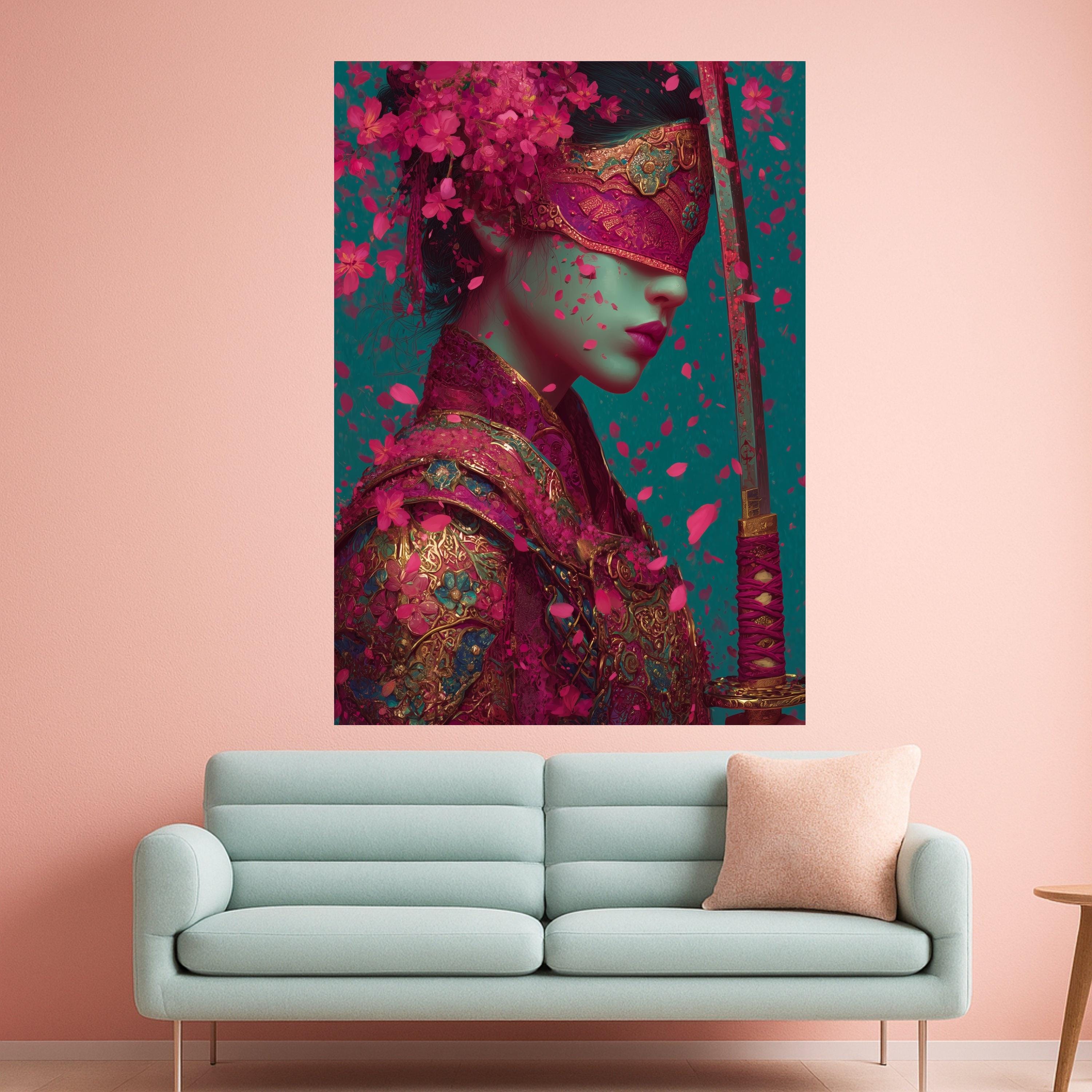 Ornate Samurai Woman Canvas, Floral Armor Art, Pink Petal Print, Sword Wall Decoration Ready To Hang,