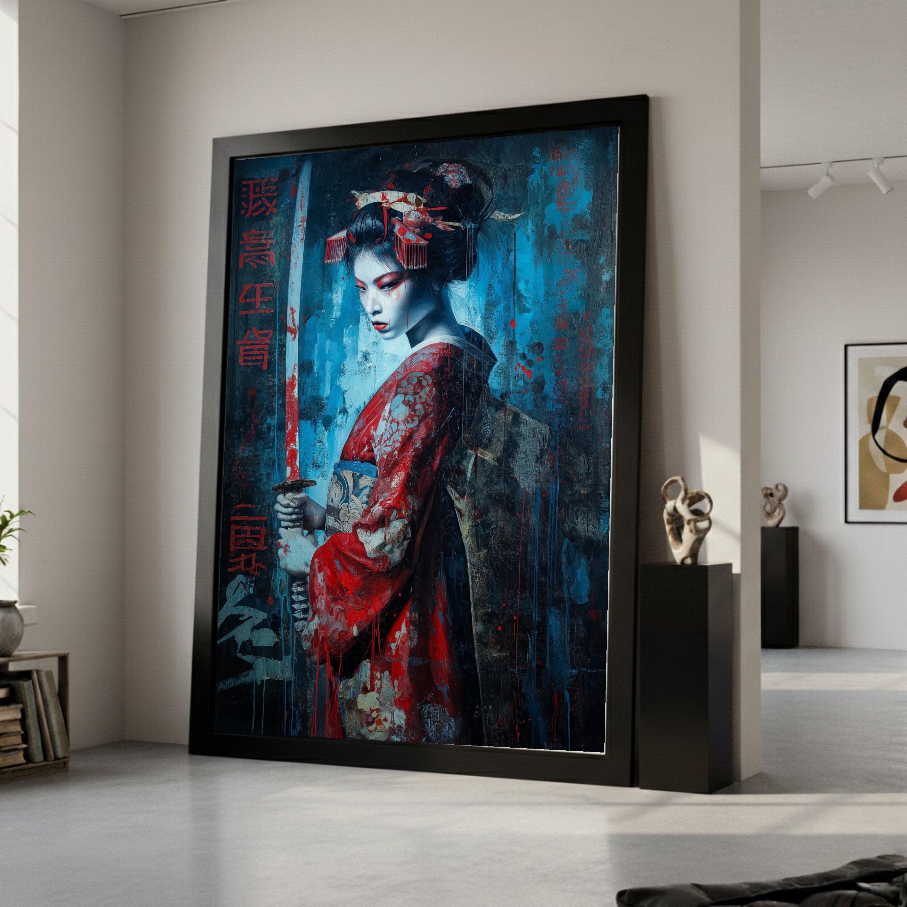 Dark Geisha Warrior, Sword Canvas, Dramatic Red Blue, Asian Art Print, Framed Wall Decoration Ready To Hang,