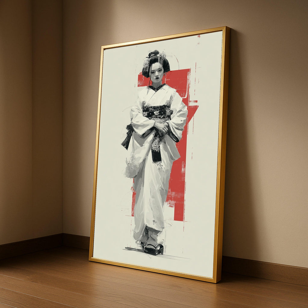 Large Framed Geisha Art, Japanese Traditional Canvas, Modern Asian Print, Elegant Wall Decoration Ready To Hang,