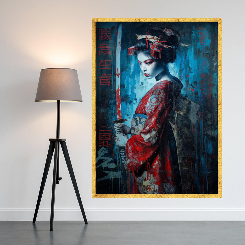 Dark Geisha Warrior, Sword Canvas, Dramatic Red Blue, Asian Art Print, Framed Wall Decoration Ready To Hang,