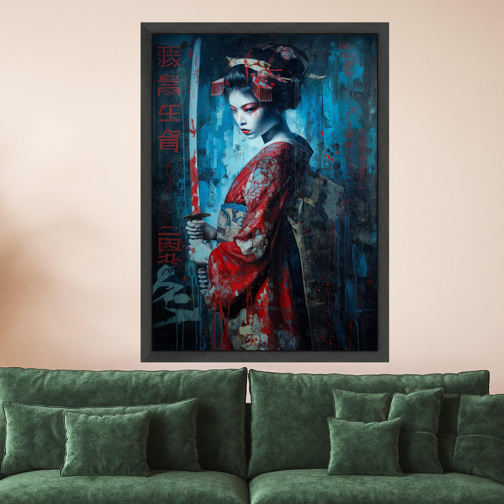 Dark Geisha Warrior, Sword Canvas, Dramatic Red Blue, Asian Art Print, Framed Wall Decoration Ready To Hang,