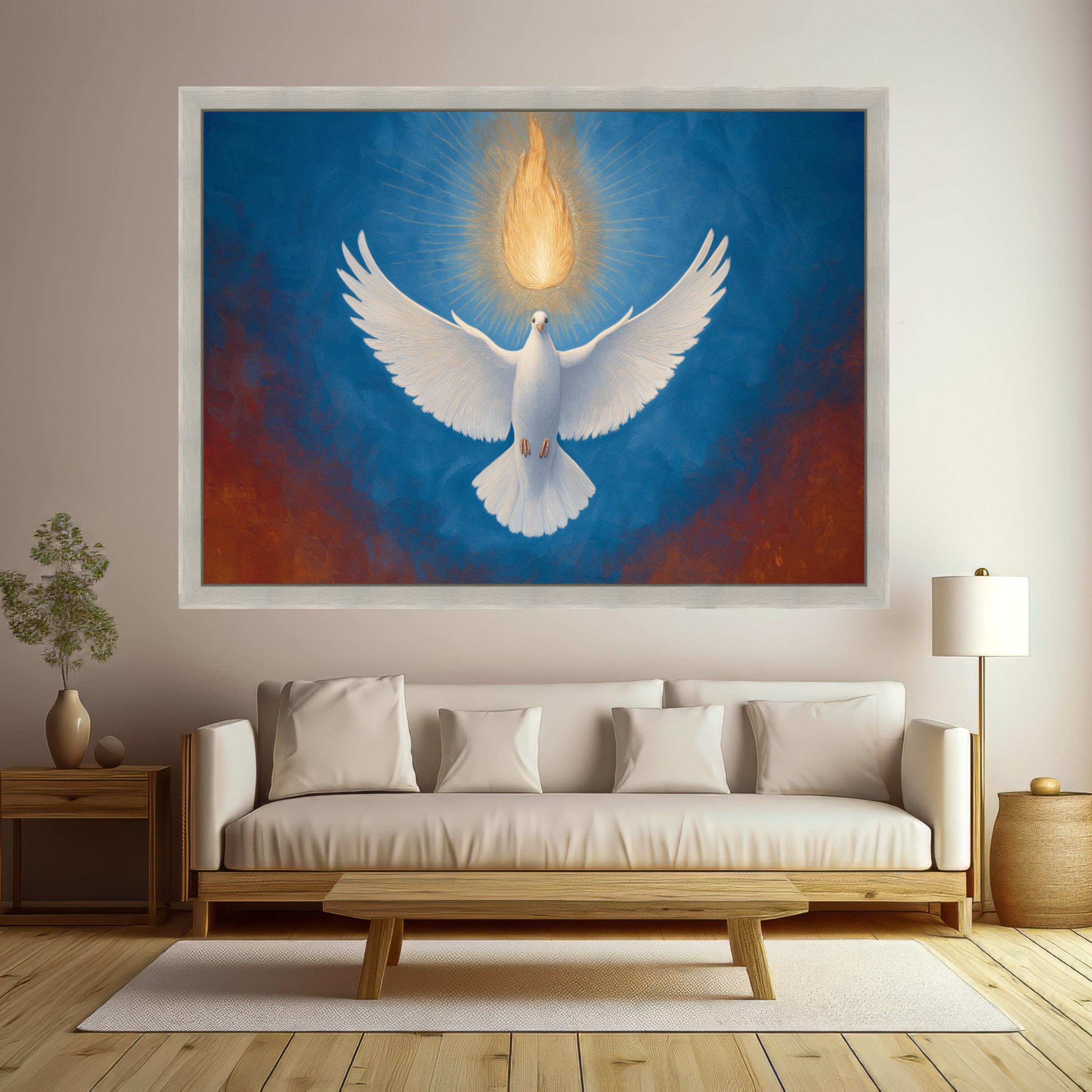 White Dove with Radiant Flame Canvas, Spiritual Wall Art, Symbol of Peace and Hope, Holy Spirit Inspired, Religious Home Decor