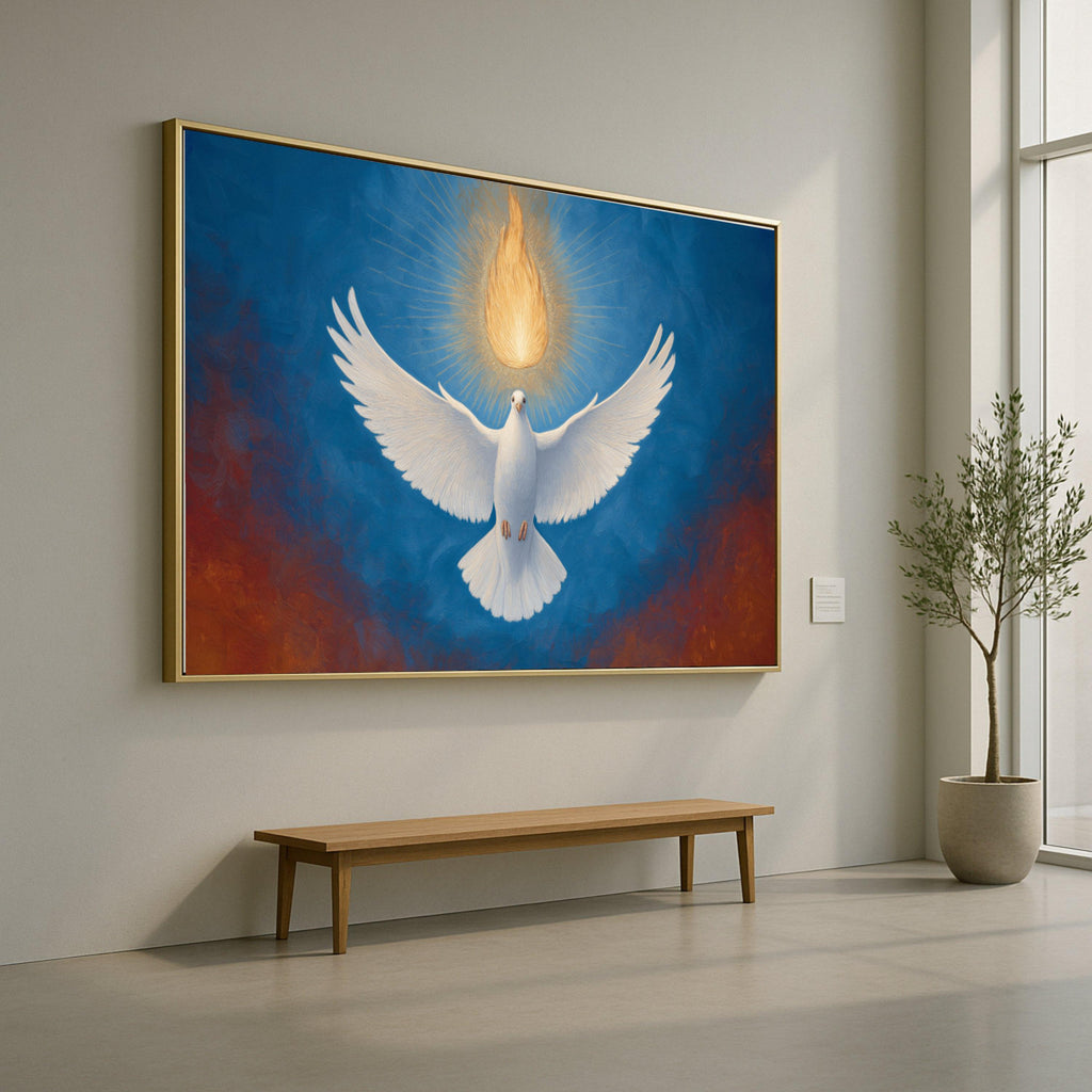 White Dove with Radiant Flame Canvas, Spiritual Wall Art, Symbol of Peace and Hope, Holy Spirit Inspired, Religious Home Decor