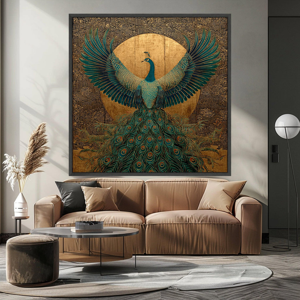 Majestic Peacock Canvas Wall Art, Gold and Teal Bird Design, Elegant Nature Decor, Ornate Feather Pattern, Luxury Home Decoration
