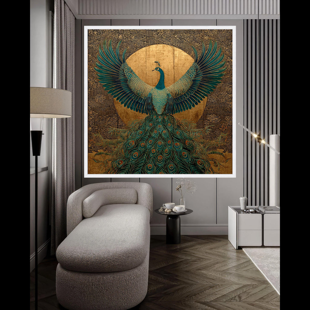 Majestic Peacock Canvas Wall Art, Gold and Teal Bird Design, Elegant Nature Decor, Ornate Feather Pattern, Luxury Home Decoration