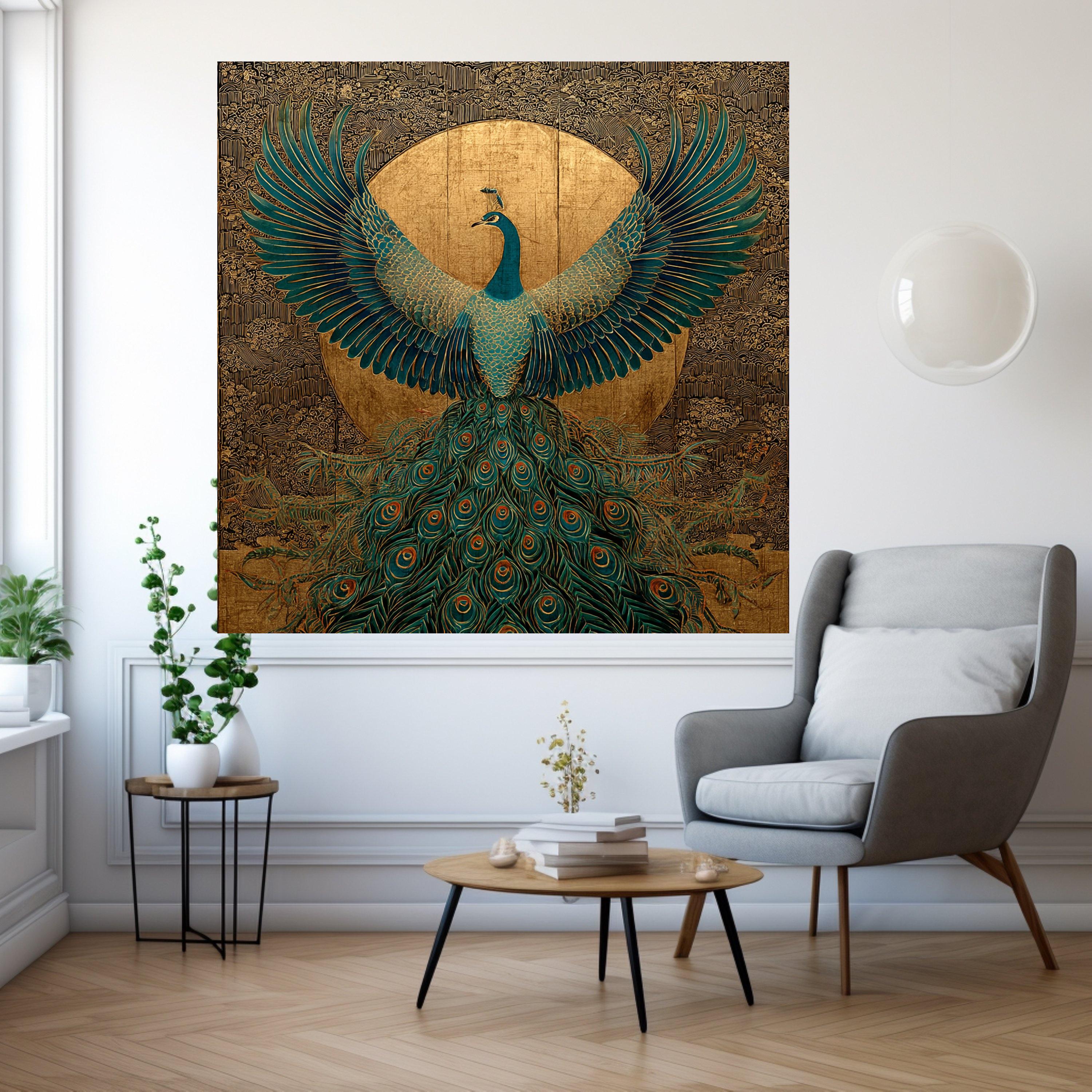 Majestic Peacock Canvas Wall Art, Gold and Teal Bird Design, Elegant Nature Decor, Ornate Feather Pattern, Luxury Home Decoration