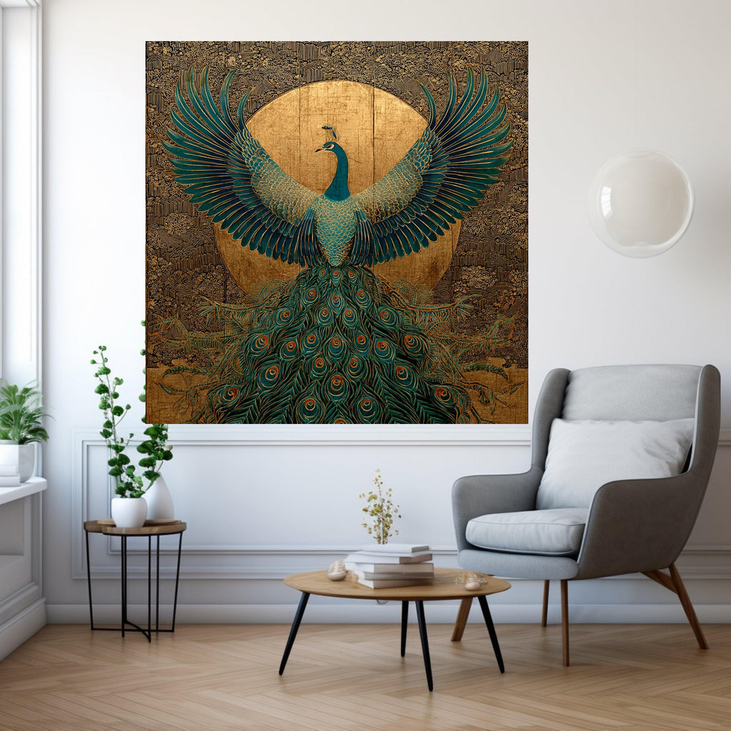 Majestic Peacock Canvas Wall Art, Gold and Teal Bird Design, Elegant Nature Decor, Ornate Feather Pattern, Luxury Home Decoration