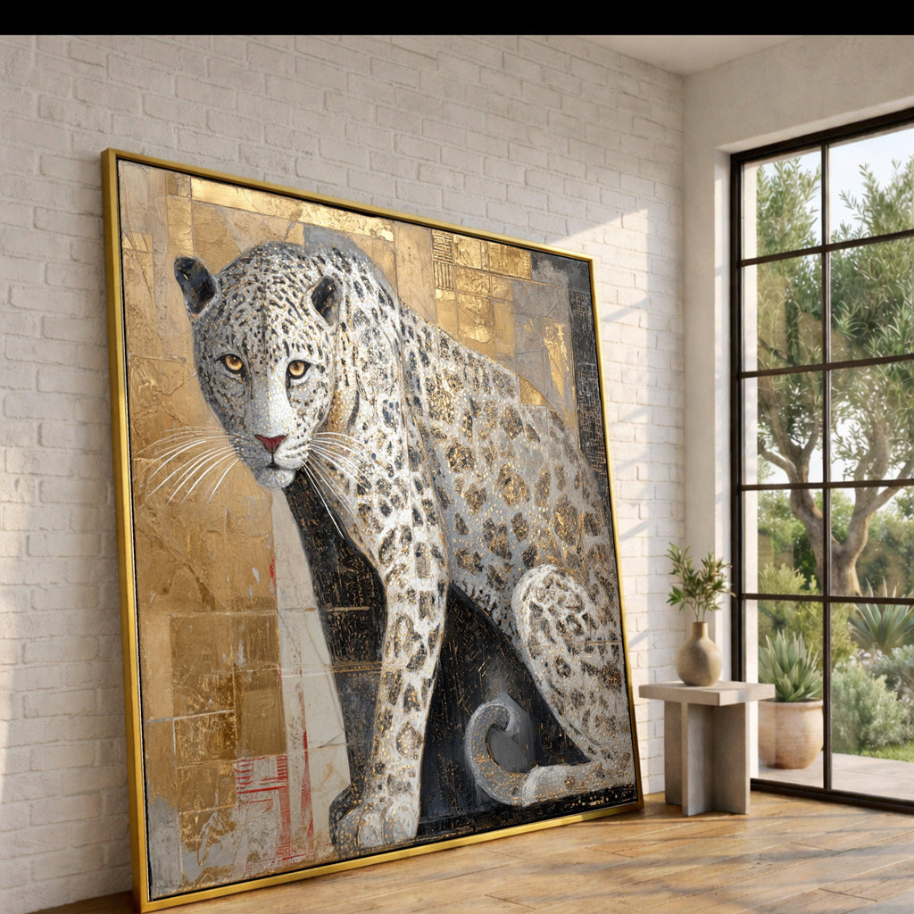 Majestic Snow Leopard Canvas Wall Art, Gold Accents Animal Painting, Wildlife Home Decor, Panther Art on Canvas, Elegant Nature Wall Hanging