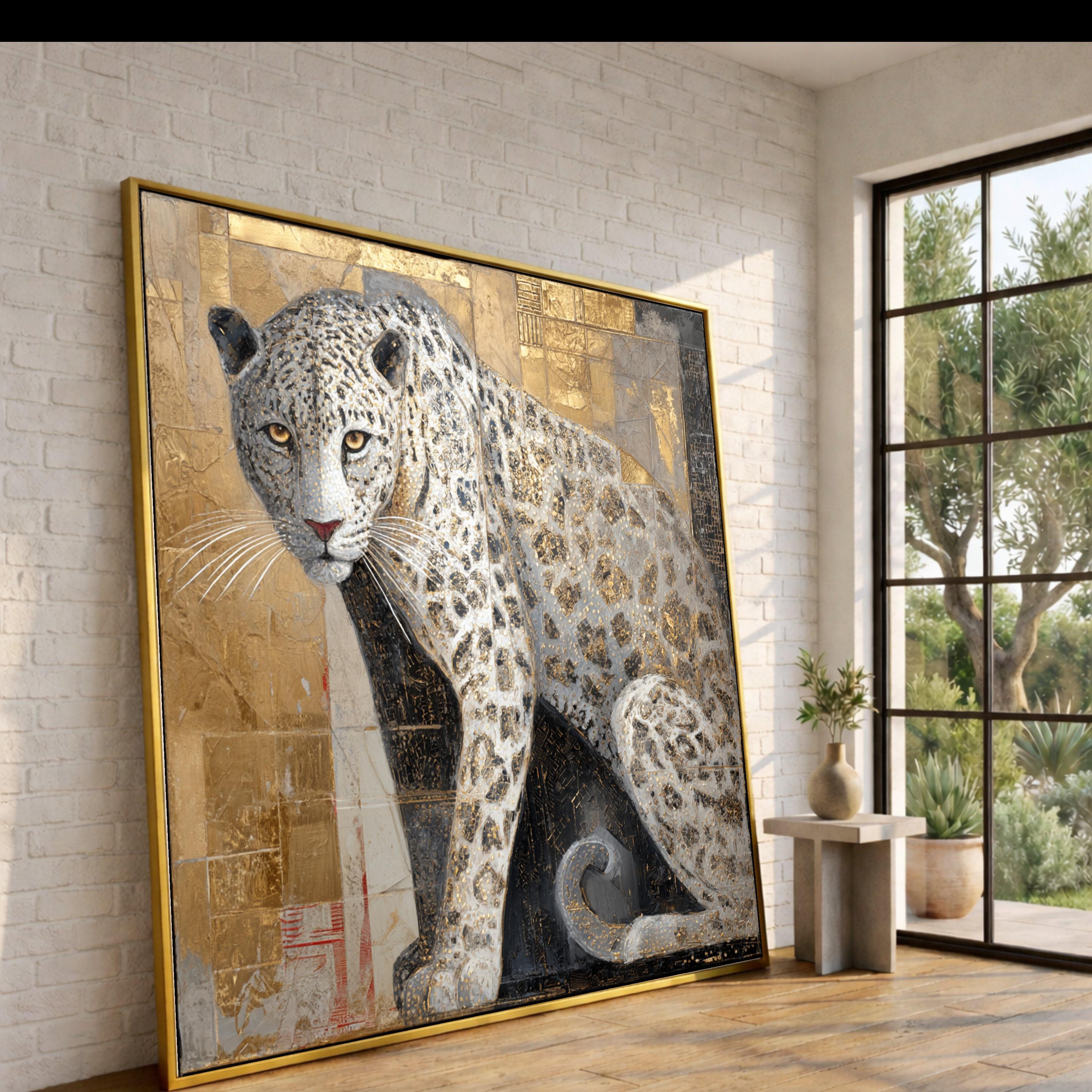 Majestic Snow Leopard Canvas Wall Art, Gold Accents Animal Painting, Wildlife Home Decor, Panther Art on Canvas, Elegant Nature Wall Hanging