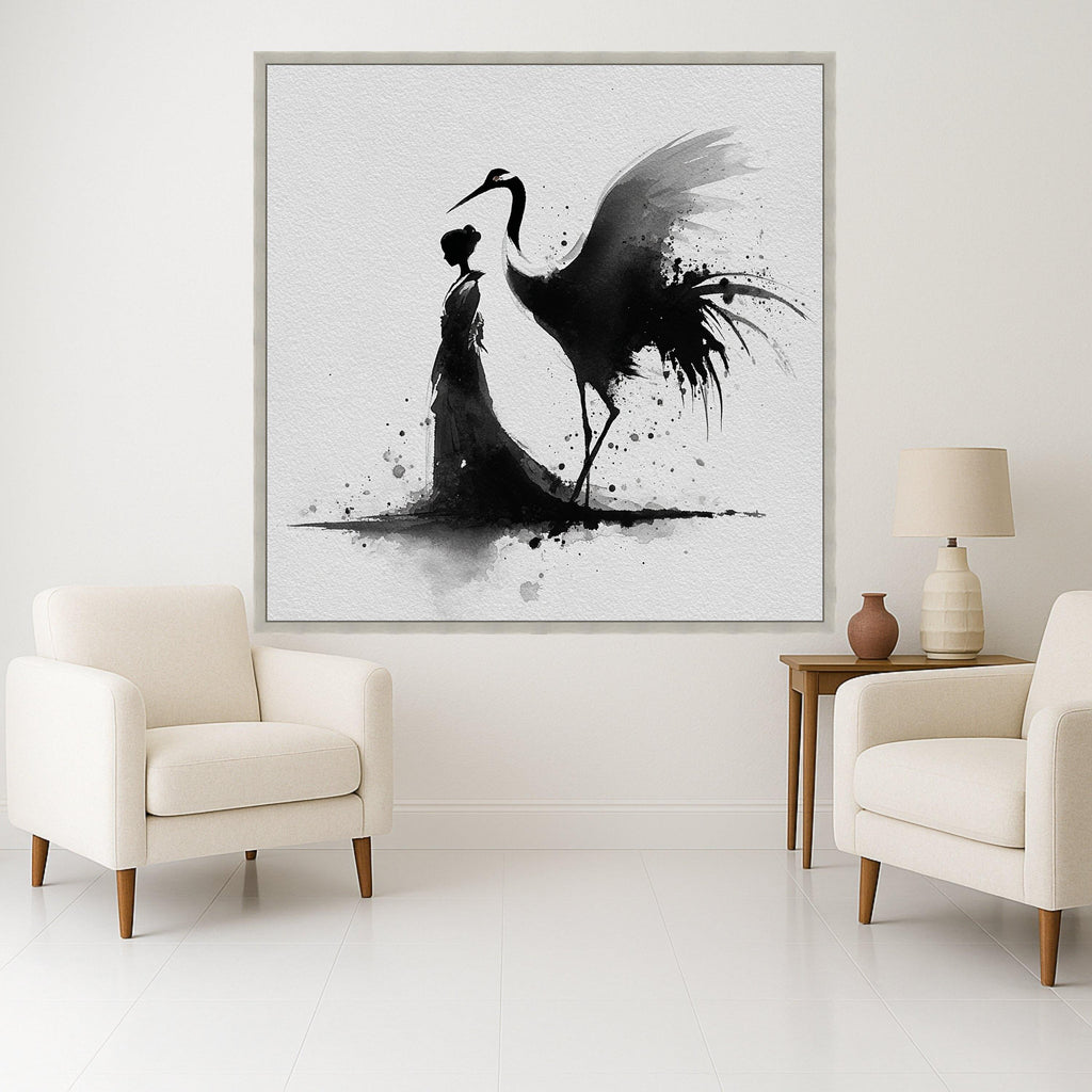 Elegant Japanese Woman with Crane, Black Ink Wash Art, Traditional Asian Canvas, Minimalist Wall Art, Oriental Home Decoration, Modern Zen