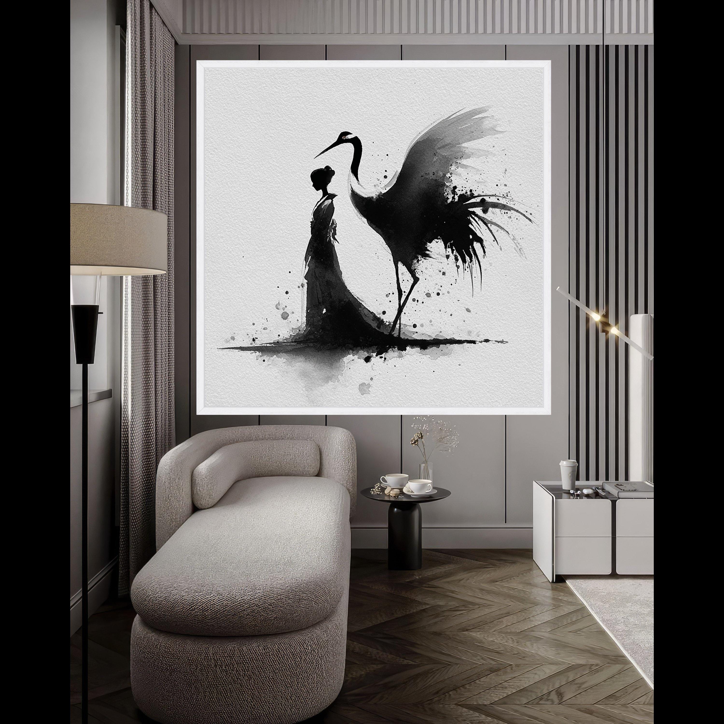 Elegant Japanese Woman with Crane, Black Ink Wash Art, Traditional Asian Canvas, Minimalist Wall Art, Oriental Home Decoration, Modern Zen