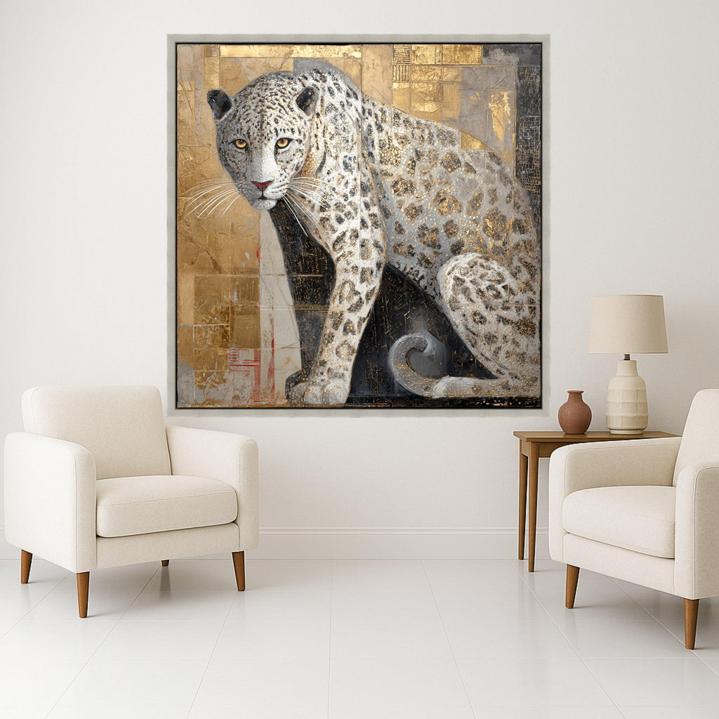 Majestic Snow Leopard Canvas Wall Art, Gold Accents Animal Painting, Wildlife Home Decor, Panther Art on Canvas, Elegant Nature Wall Hanging