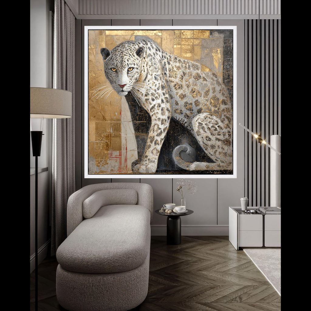 Majestic Snow Leopard Canvas Wall Art, Gold Accents Animal Painting, Wildlife Home Decor, Panther Art on Canvas, Elegant Nature Wall Hanging