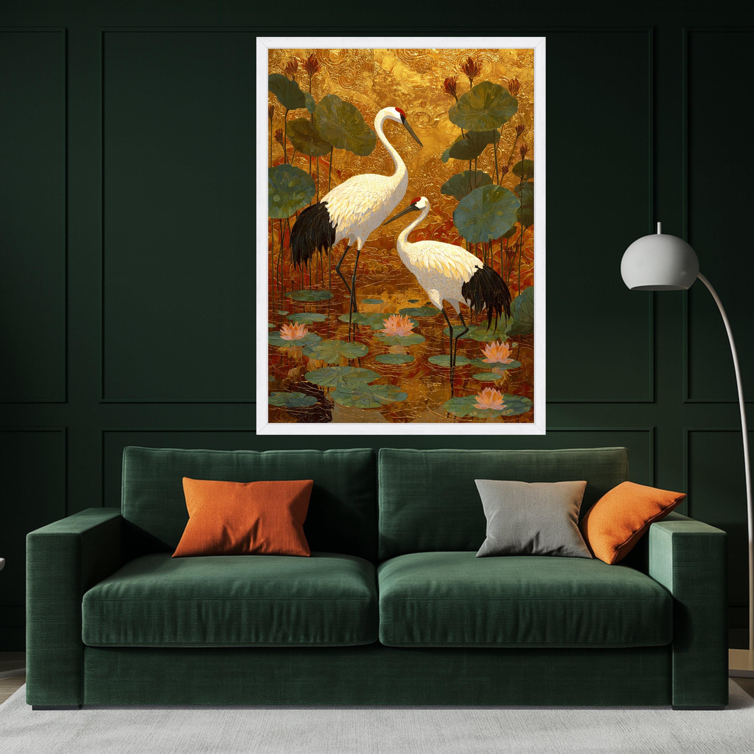 Elegant Crane Birds Canvas Wall Art, Gold Leaf Background, Lotus Pond Scene, Asian Inspired Nature Wall Decor, Tranquil Wildlife Painting